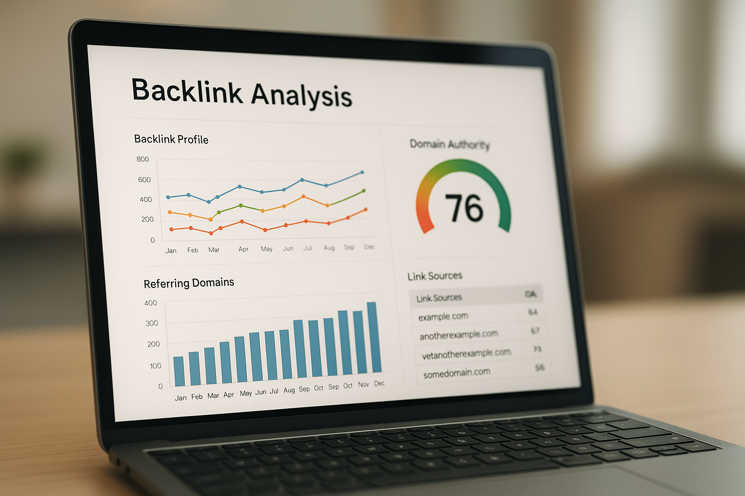 Backlink analysis report on a laptop screen showing domain authority and link data