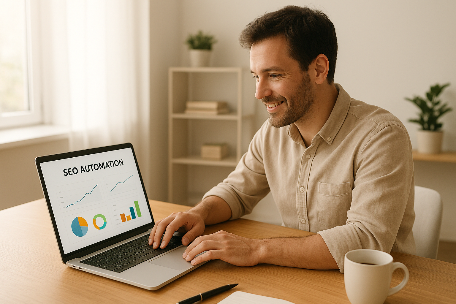 Small business owner using an easy AI SEO platform for small businesses on a laptop