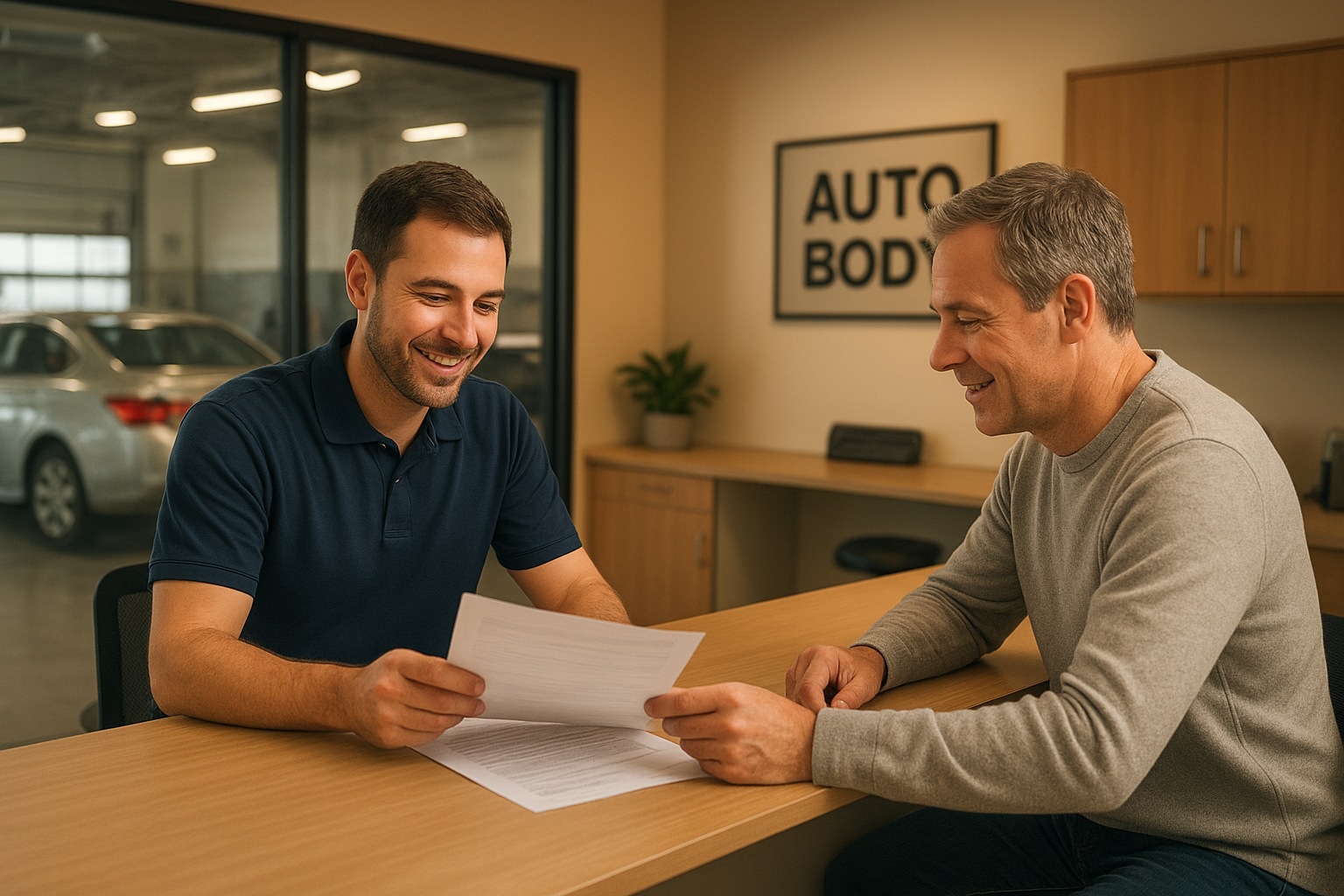 Service advisor helping a car owner with insurance paperwork at a Brea auto body repair shop front desk