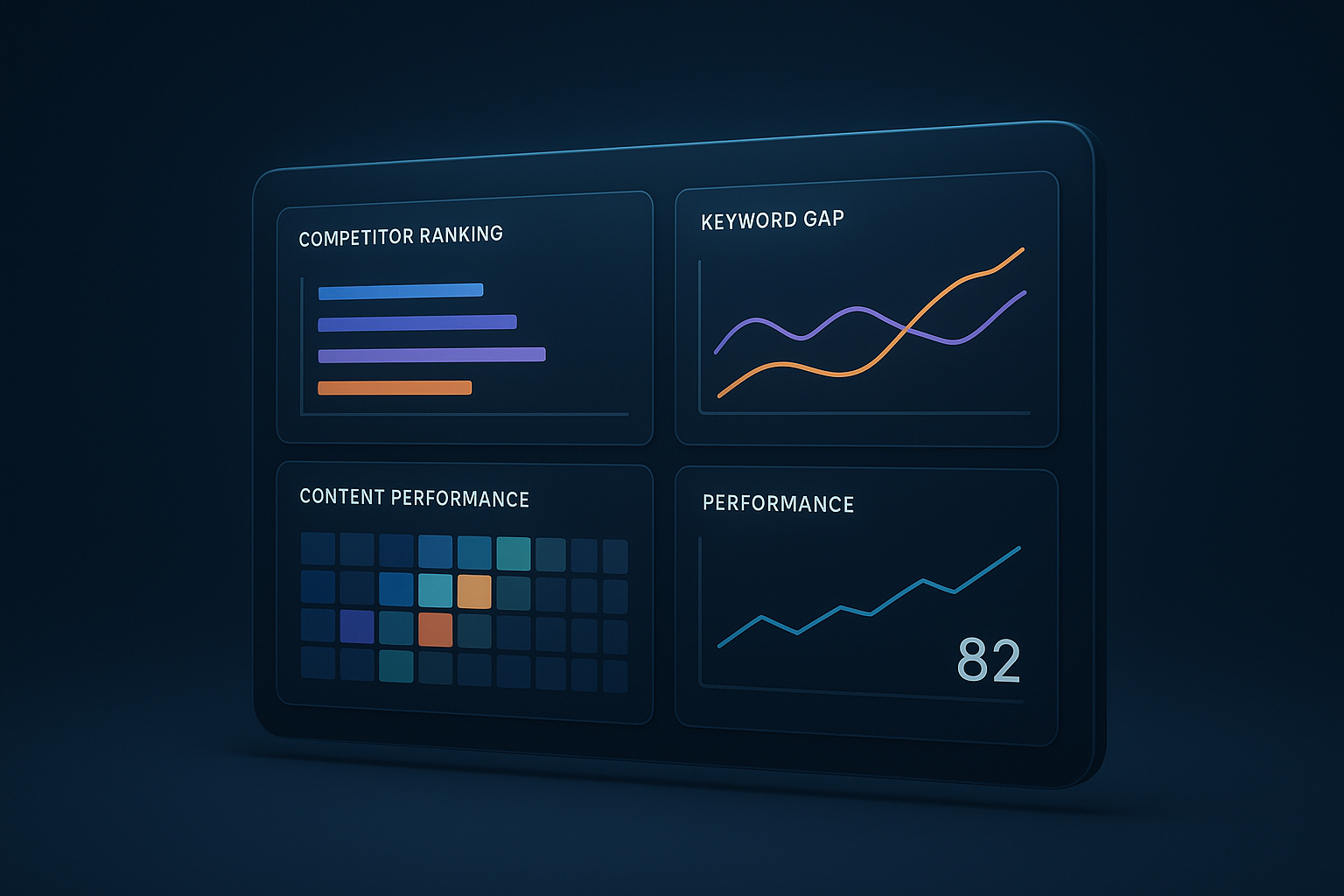 AI competitor analysis techniques shown on a modern digital intelligence dashboard with ranking charts and keyword gap data