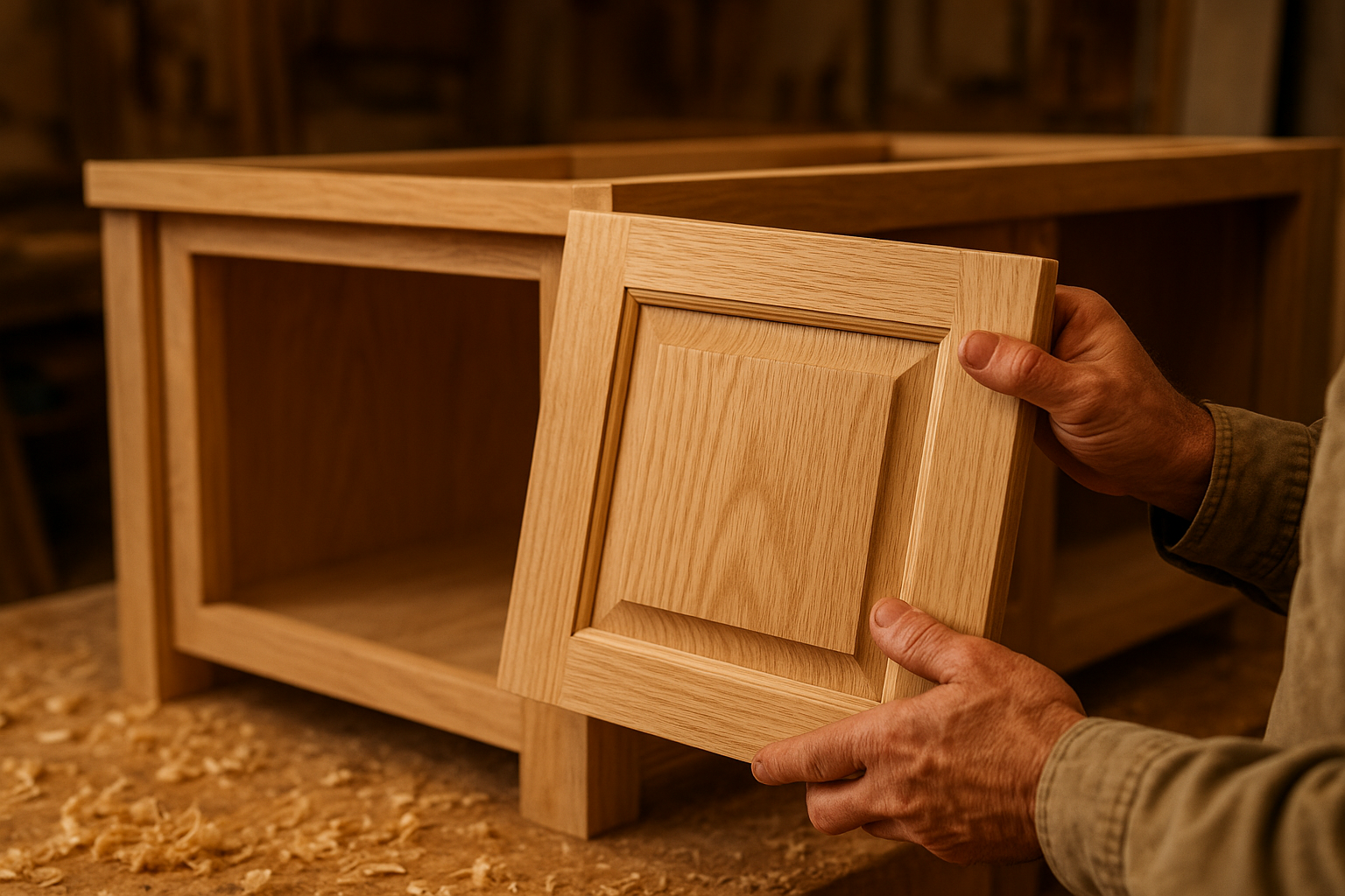Craftsman installing a new cabinet door during a kitchen island refacing installation