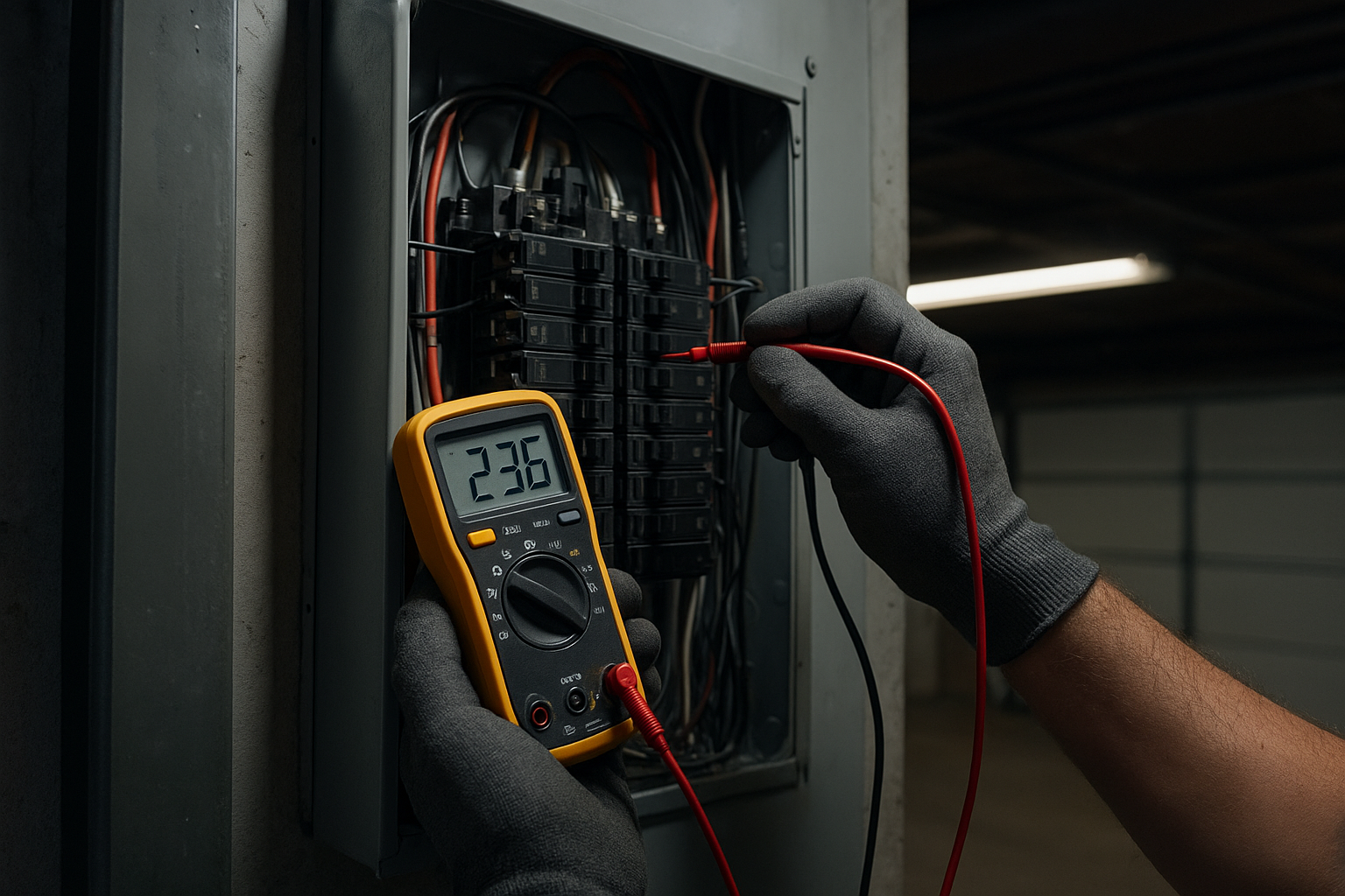 Home inspector testing an electrical panel during a residential inspection