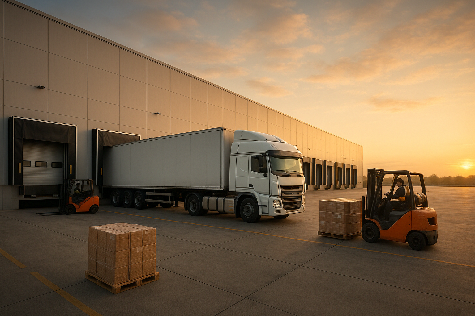 Freight truck being loaded with pallets at a warehouse dock during freight shipping operations