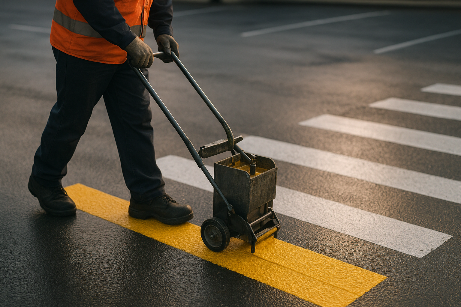 Worker applying non-slip parking lot markings across a commercial crosswalk