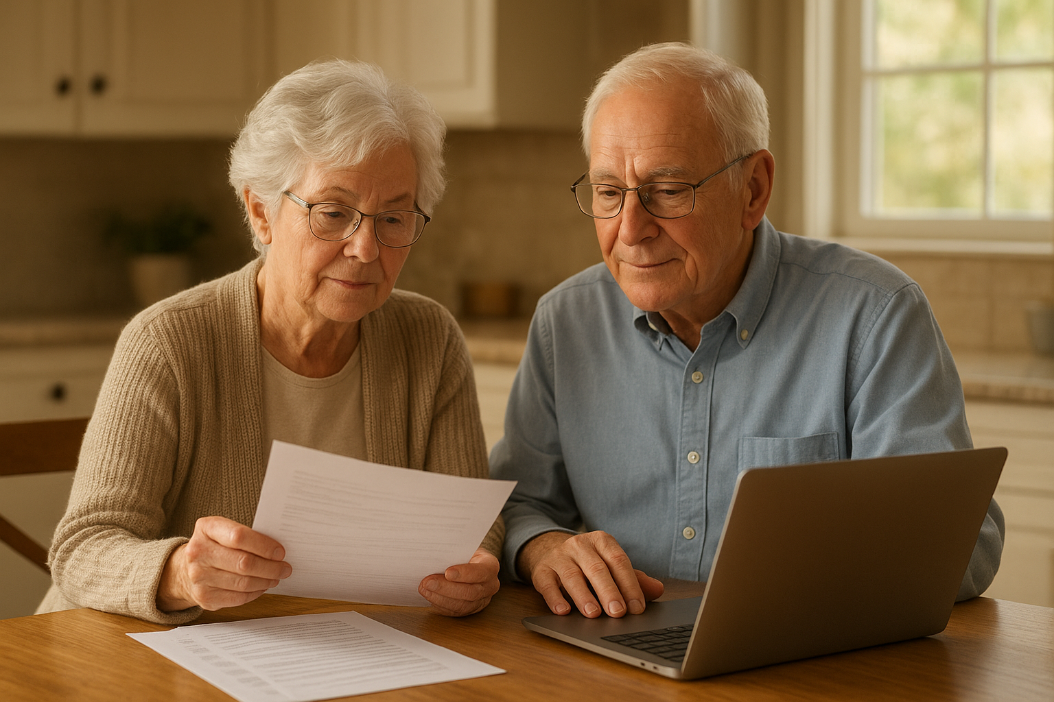 Senior couple comparing medical insurance plans at their kitchen table