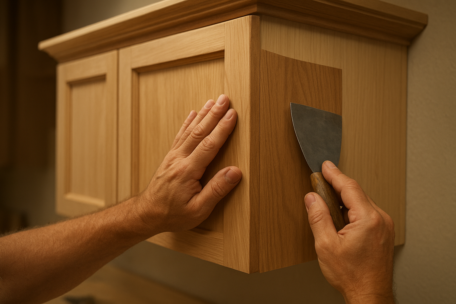 Close-up of veneer application during upper cabinet refacing project in a Cincinnati kitchen