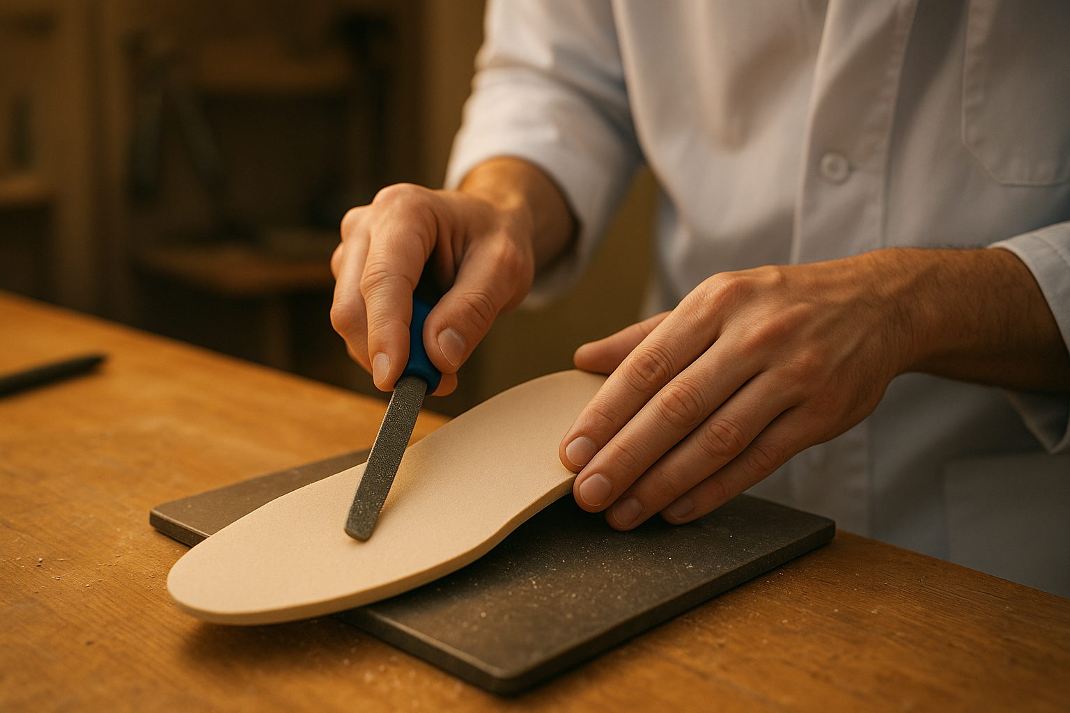 Podiatry technician shaping a custom orthotic insole for hiking boots