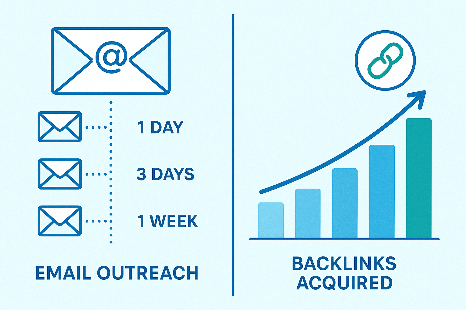Automated outreach email sequence timeline leading to backlink growth chart