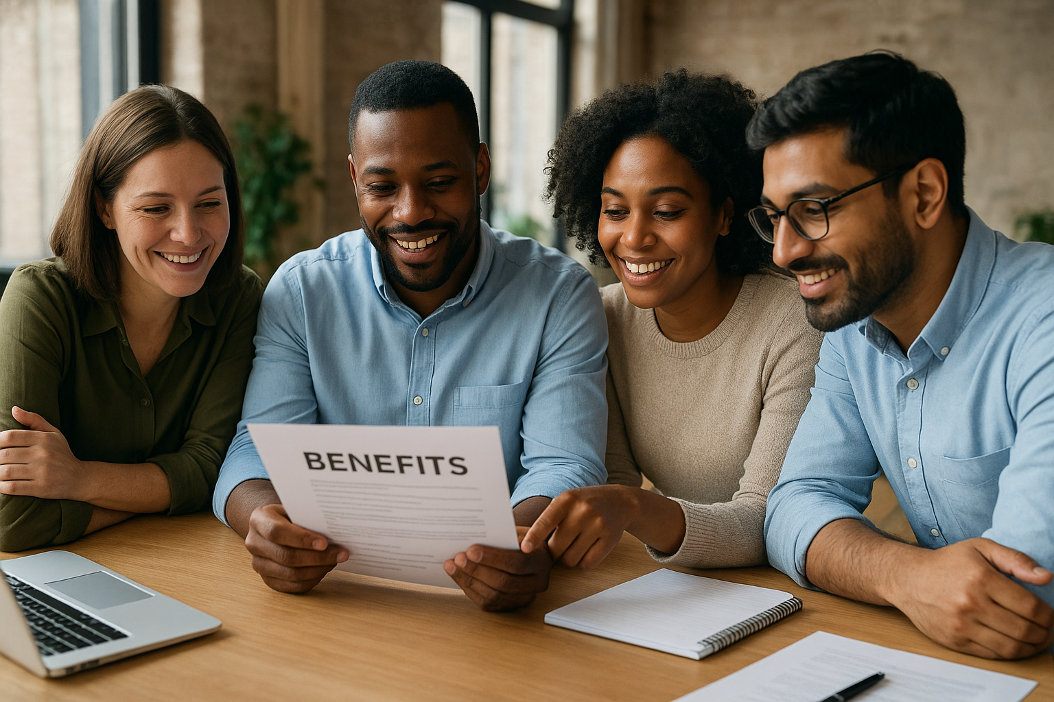 Small business team discussing mandatory employee benefits during a compliance meeting