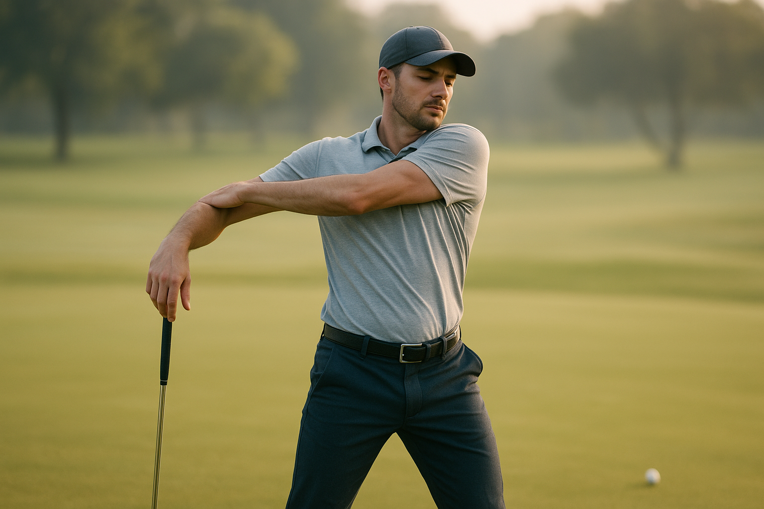 Golf athlete stretching hips and shoulders before a swing training session
