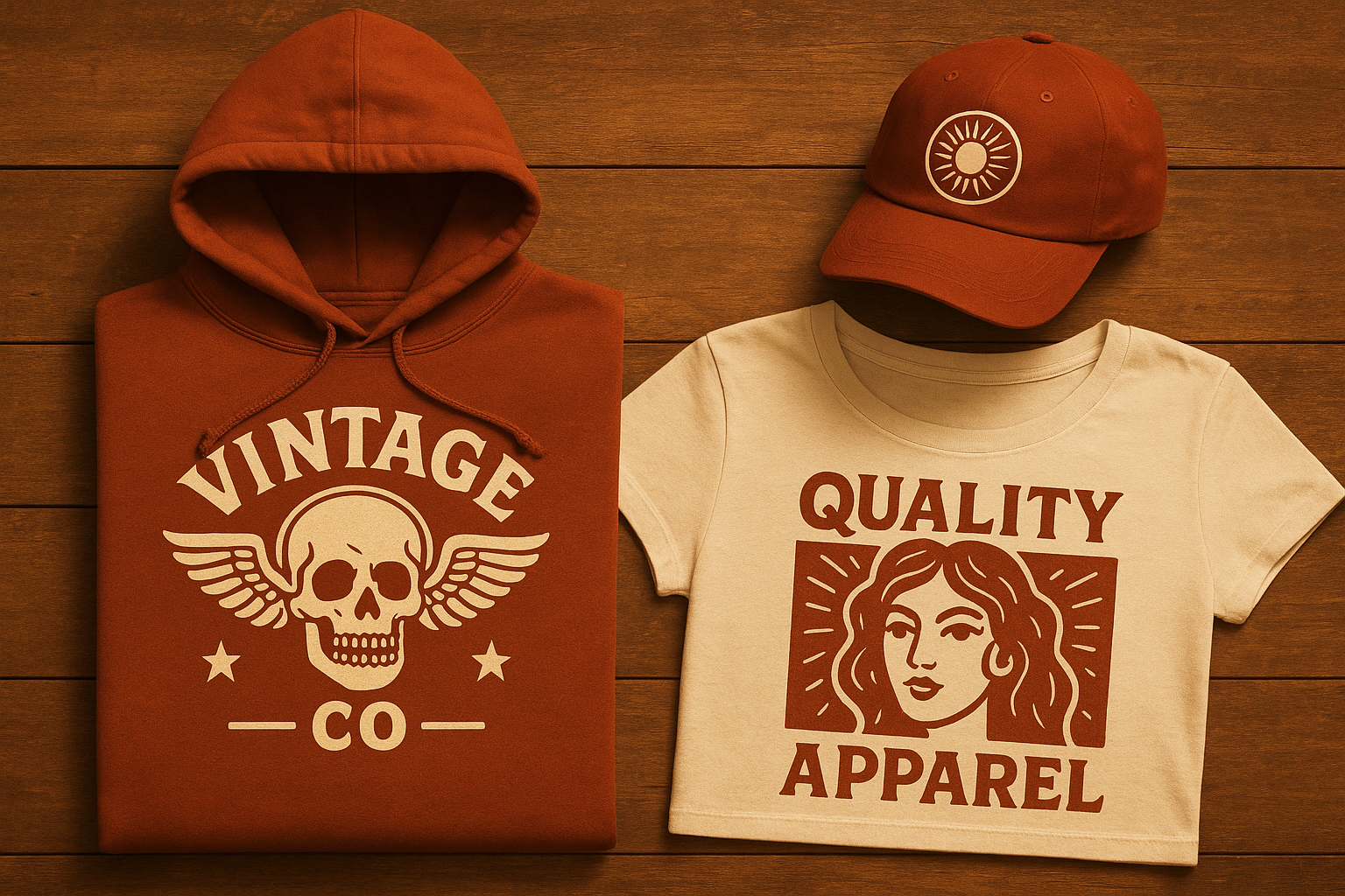 Collection of custom apparel featuring bold vintage-inspired graphic prints on hoodies and headwear