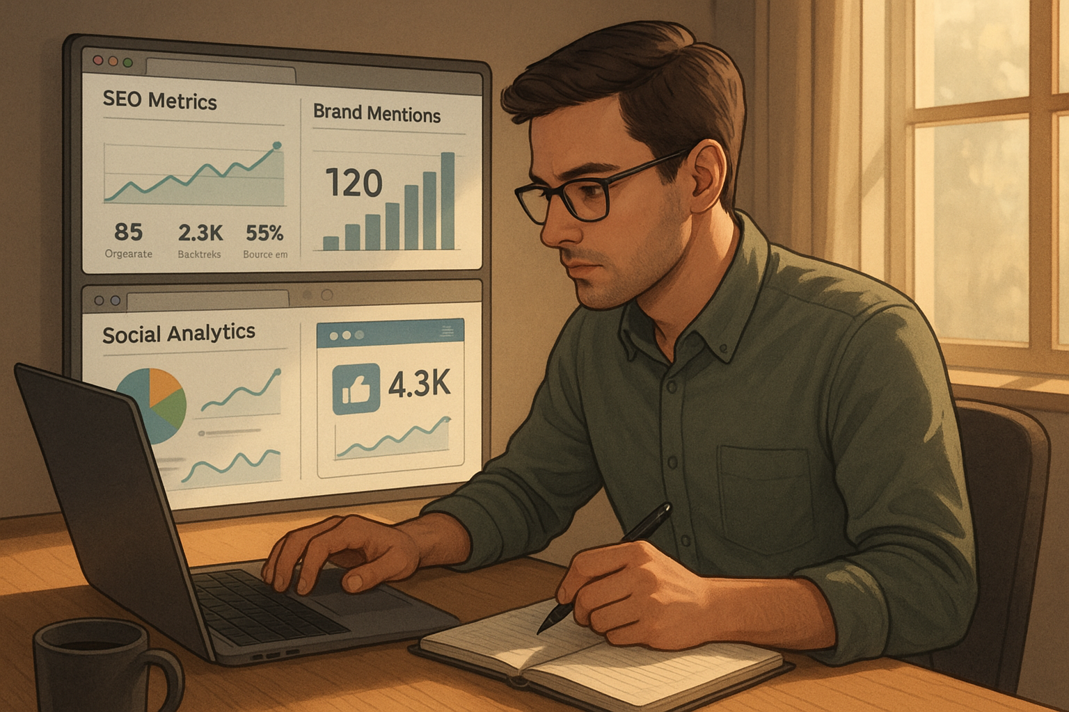 Digital marketer analyzing brand authority signals across multiple SEO and social platforms