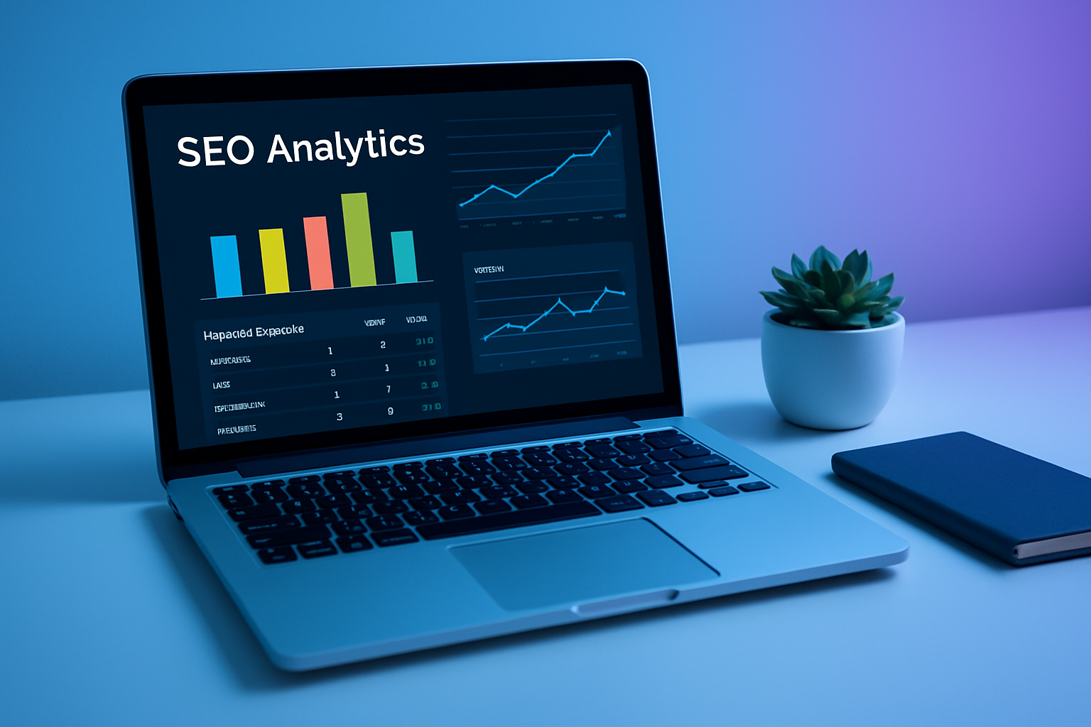 SEO tools dashboard on a laptop showing keyword rankings and organic traffic metrics