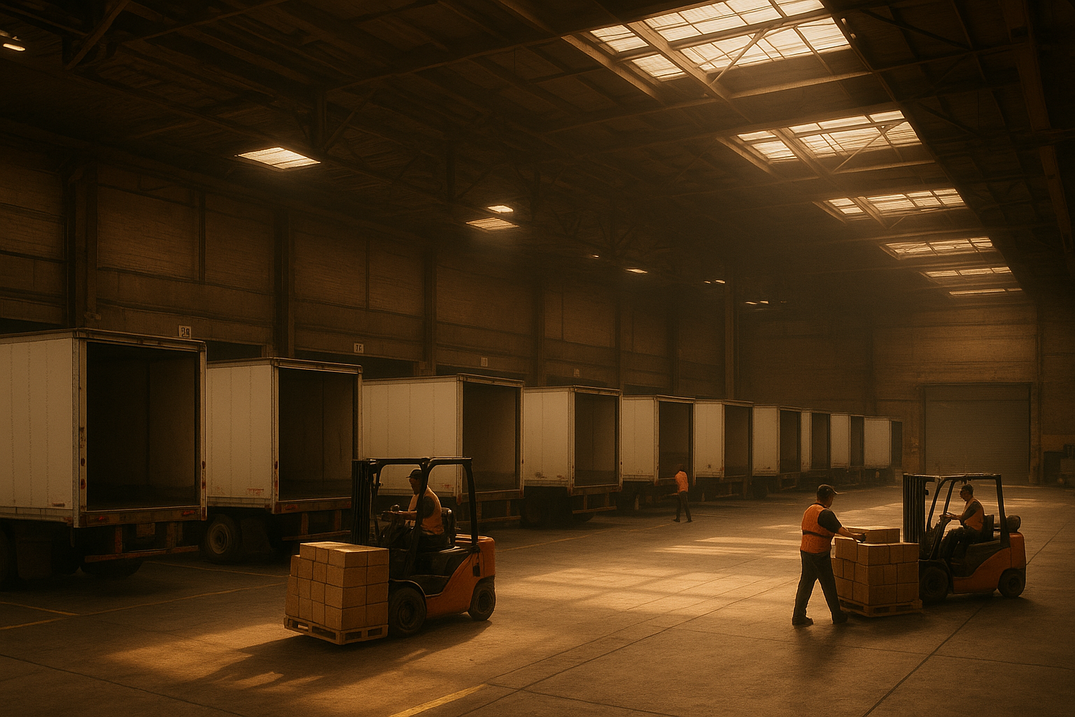 LTL freight dock with trailers loading pallets, similar to ABF Freight terminal operations