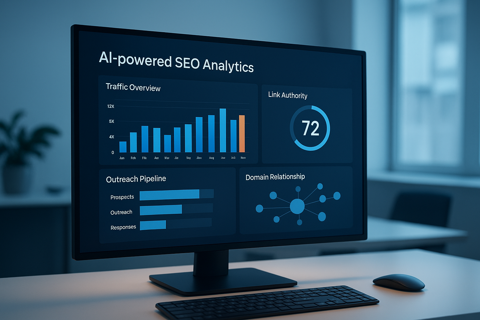 AI-powered SEO dashboard displaying backlink prospecting data and outreach pipeline metrics