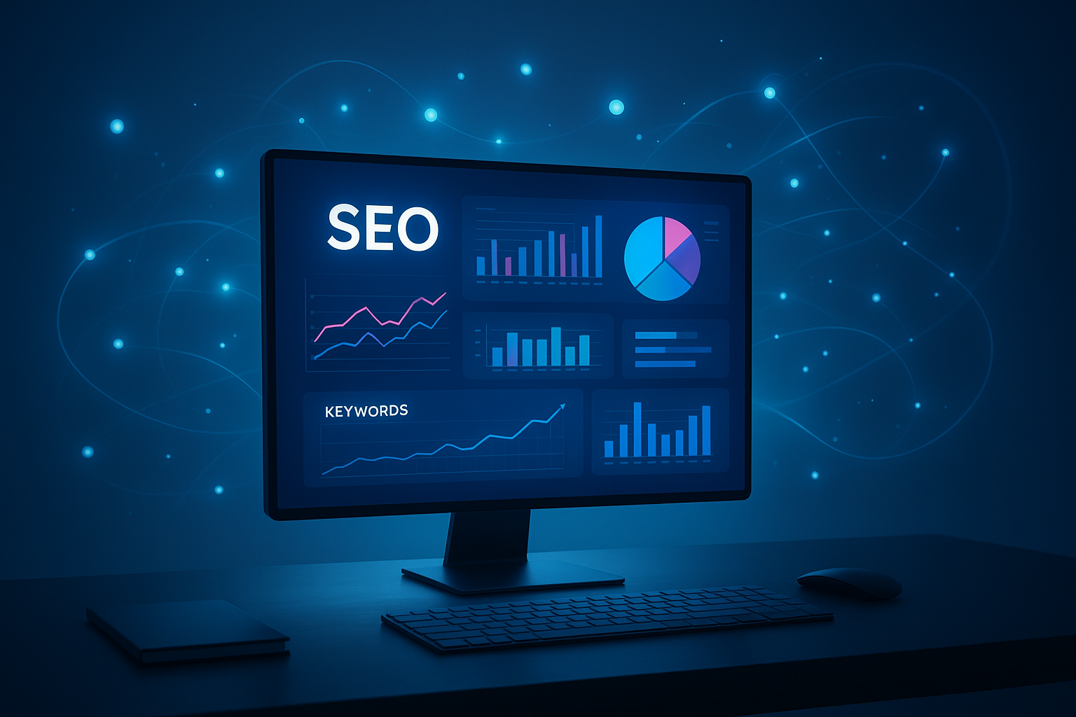 AI SEO content creator dashboard displaying keyword analytics and content optimization metrics