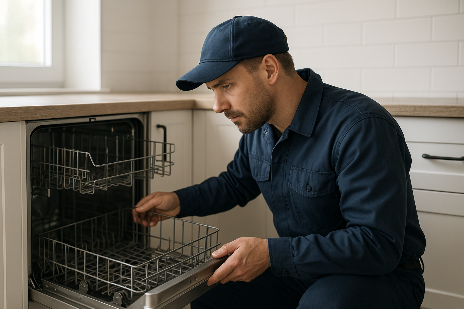 Technician applying dishwasher malfunction solutions while inspecting an open dishwasher