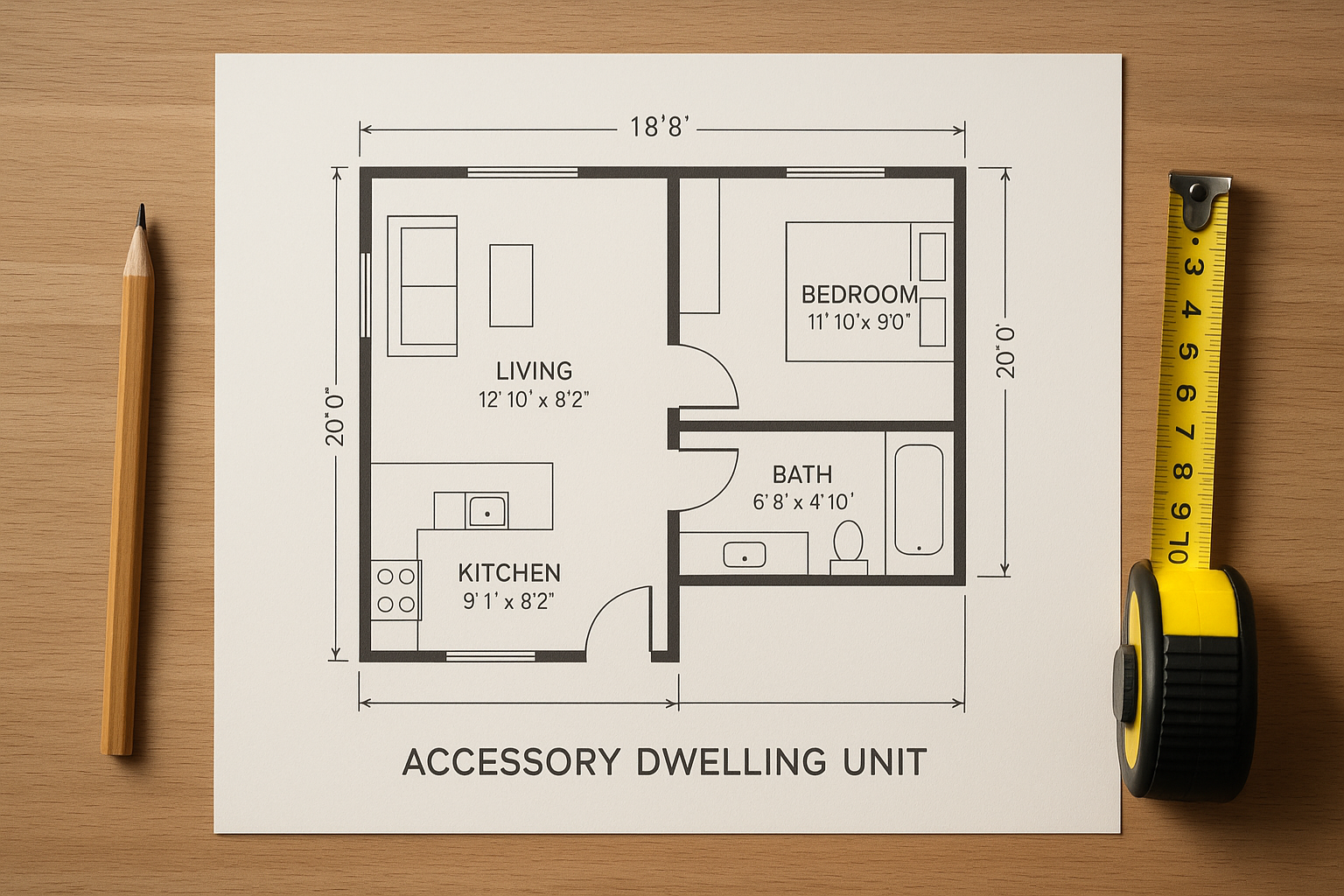 Architectural blueprint floor plan for a small accessory dwelling unit layout