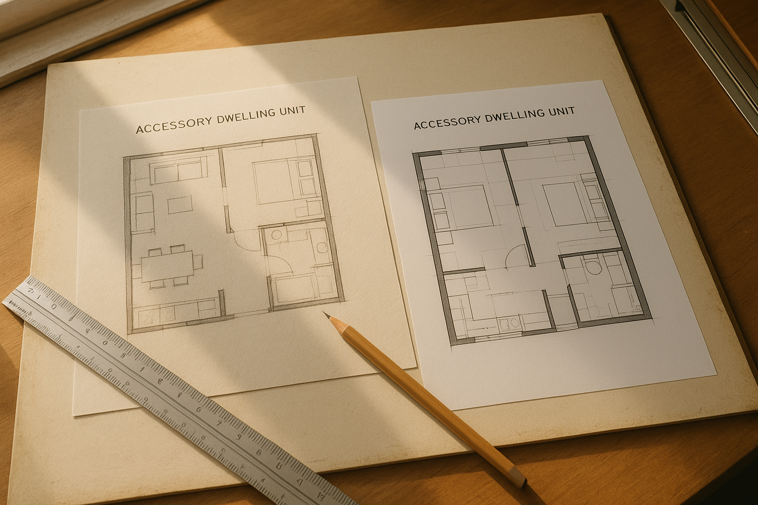Architect reviewing custom ADU design services Orange County floor plans at a drafting table