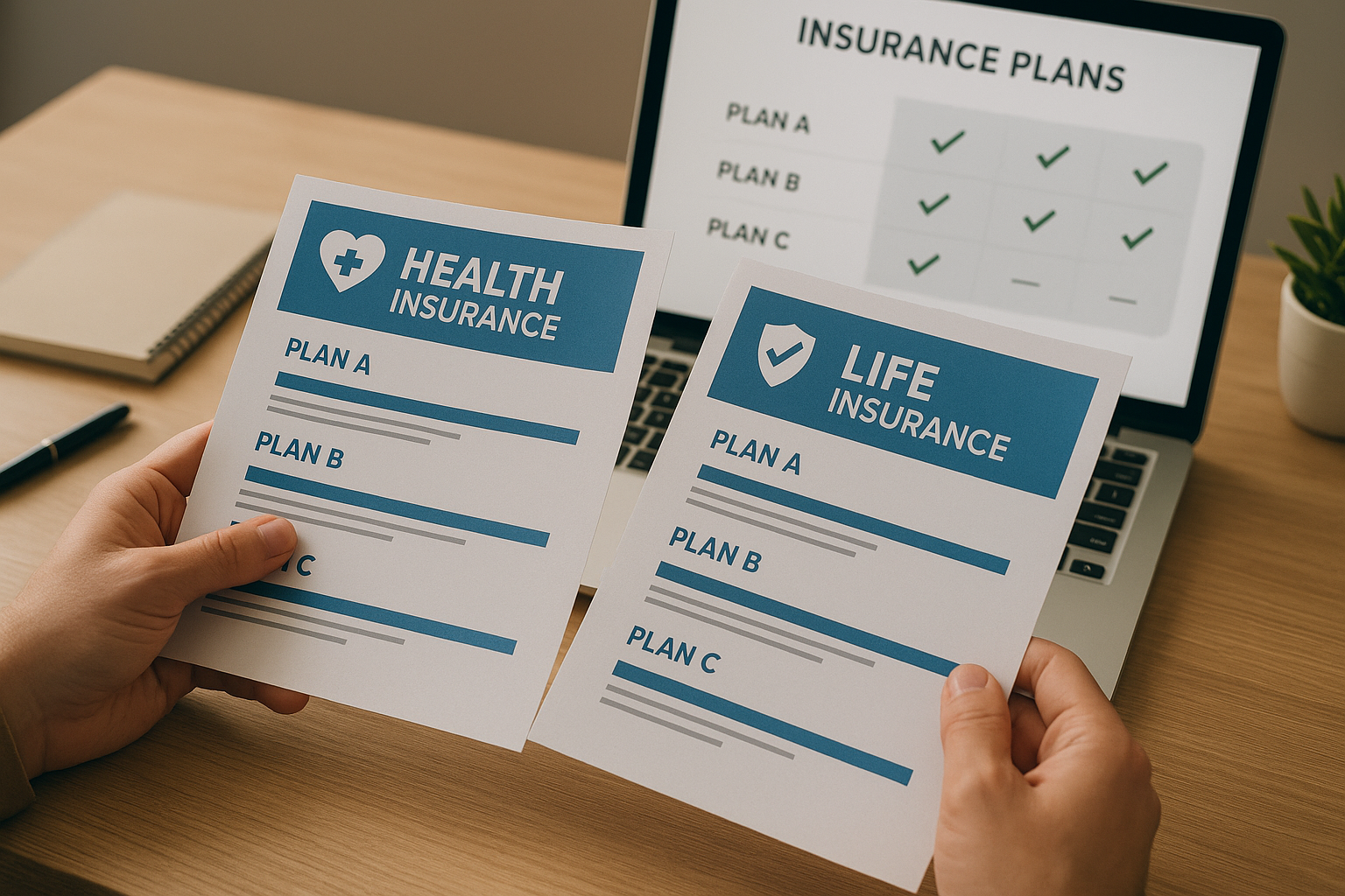 Hands comparing Medicare plan brochures and a laptop comparison chart