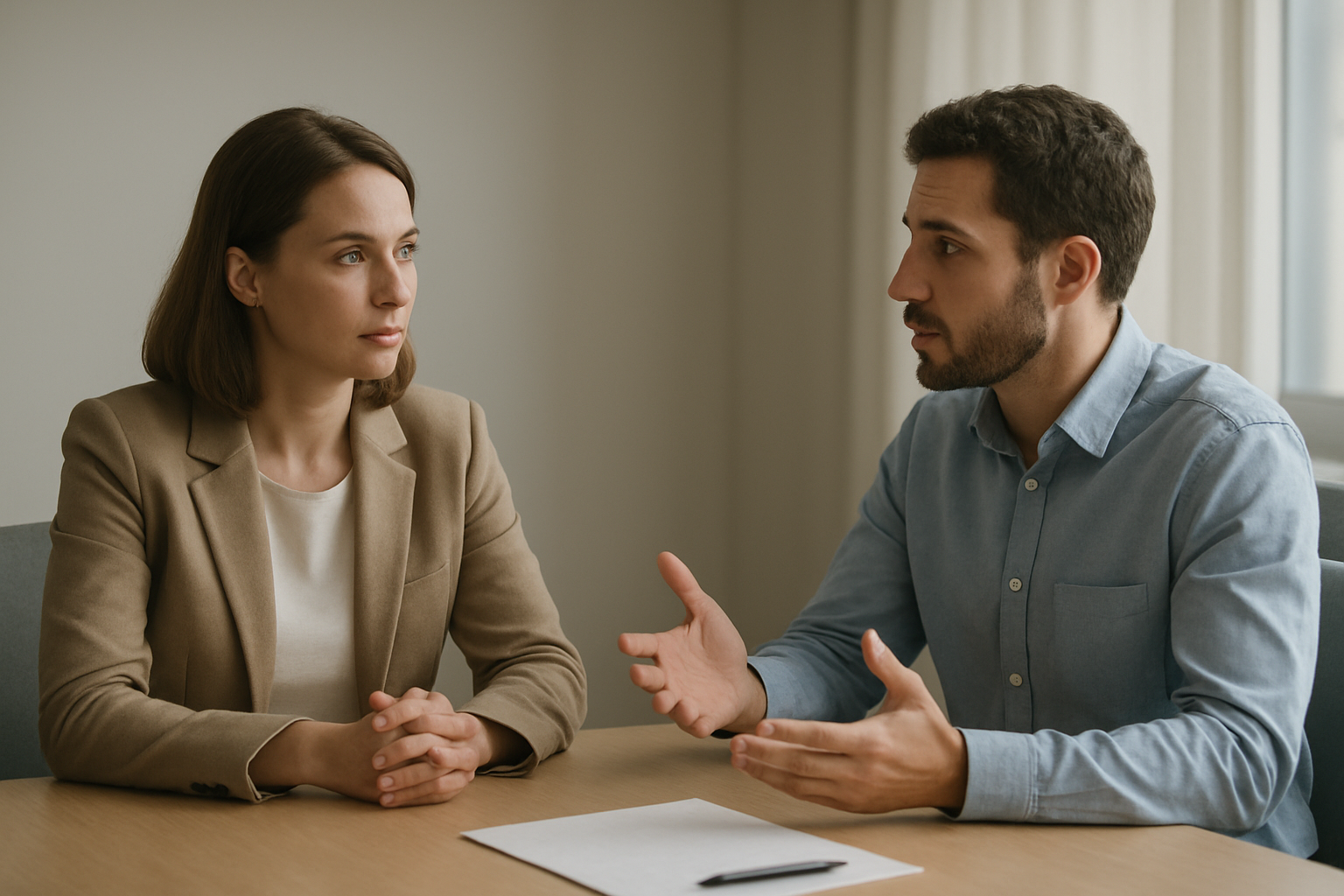 HR mediator helping resolve a workplace conflict as part of an employee relations process