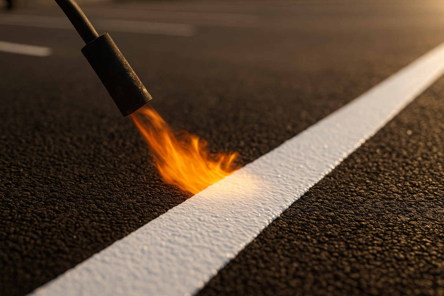 Thermoplastic line marking material being heated and applied to asphalt surface during a professional parking lot striping project