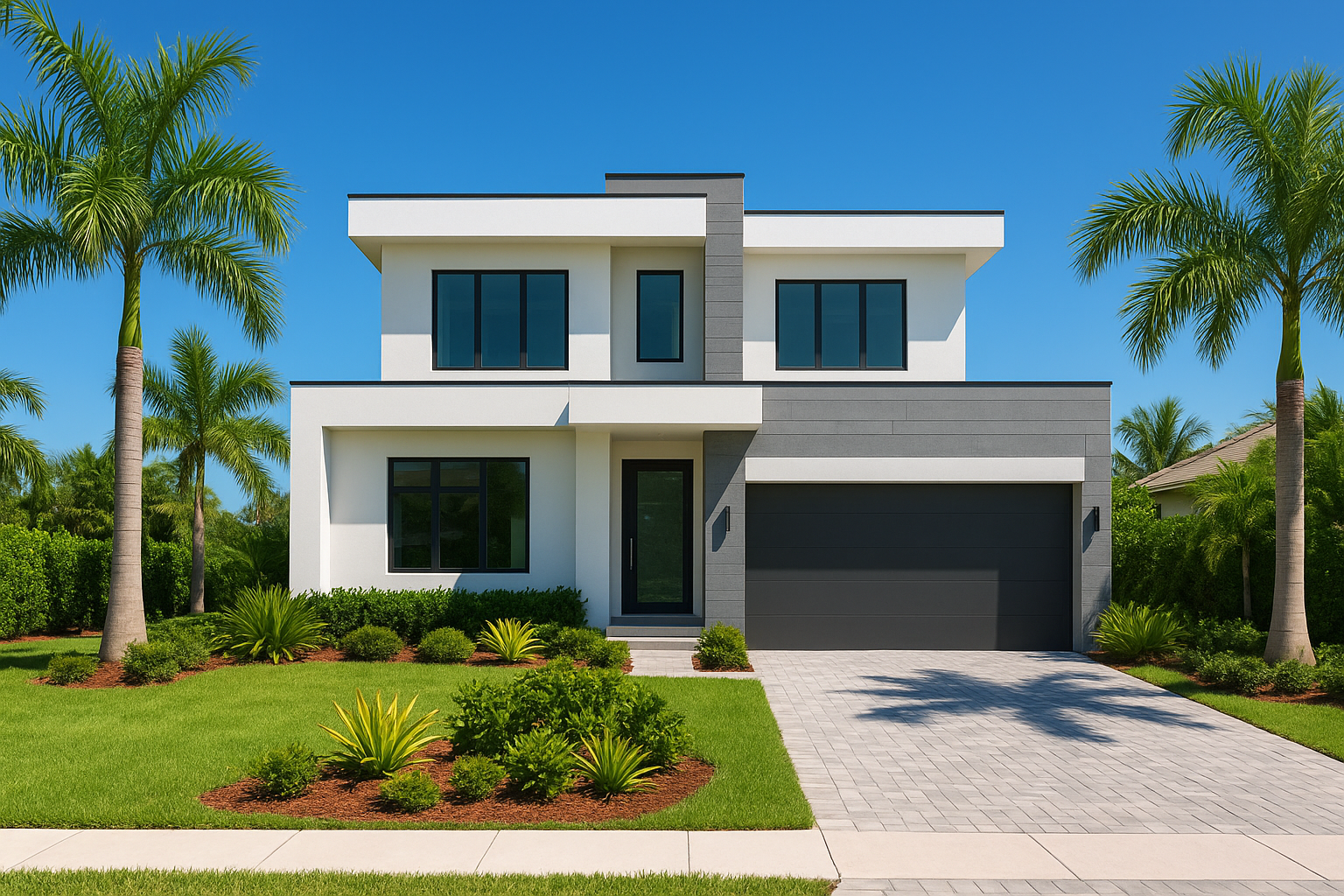 New construction single-family home in South Florida with contemporary architecture and landscaped yard