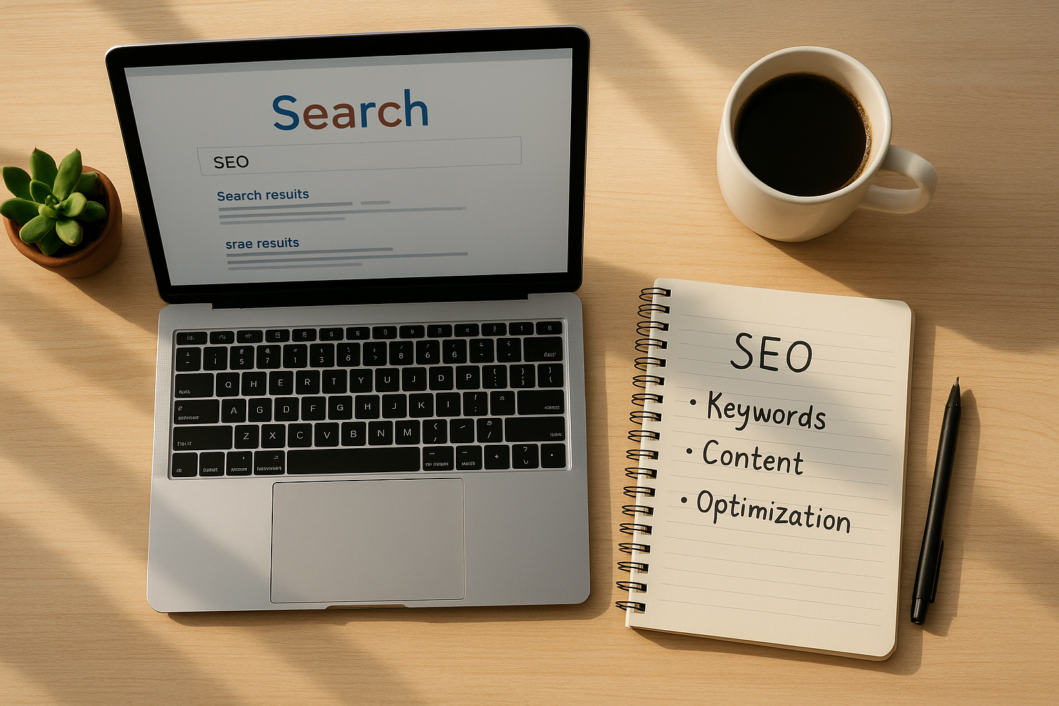 Desk workspace with laptop showing search results page representing practical SEO work