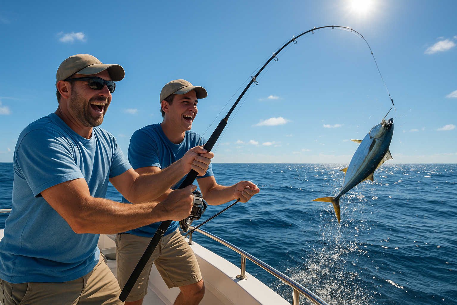 Anglers reeling in a catch during a half day deep sea fishing trip off Myrtle Beach