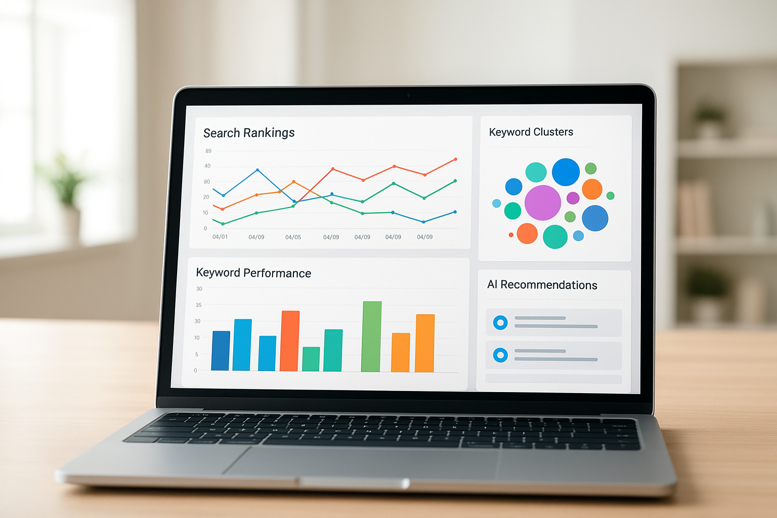 Dashboard showing intelligent search engine optimization analytics and ranking data
