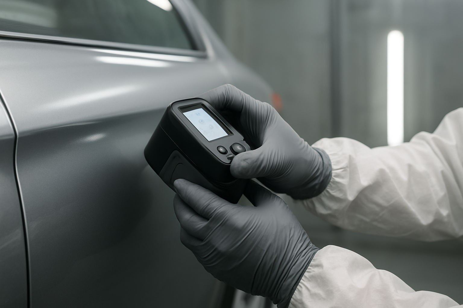Auto body technician using precision paint matching equipment for vehicle color restoration