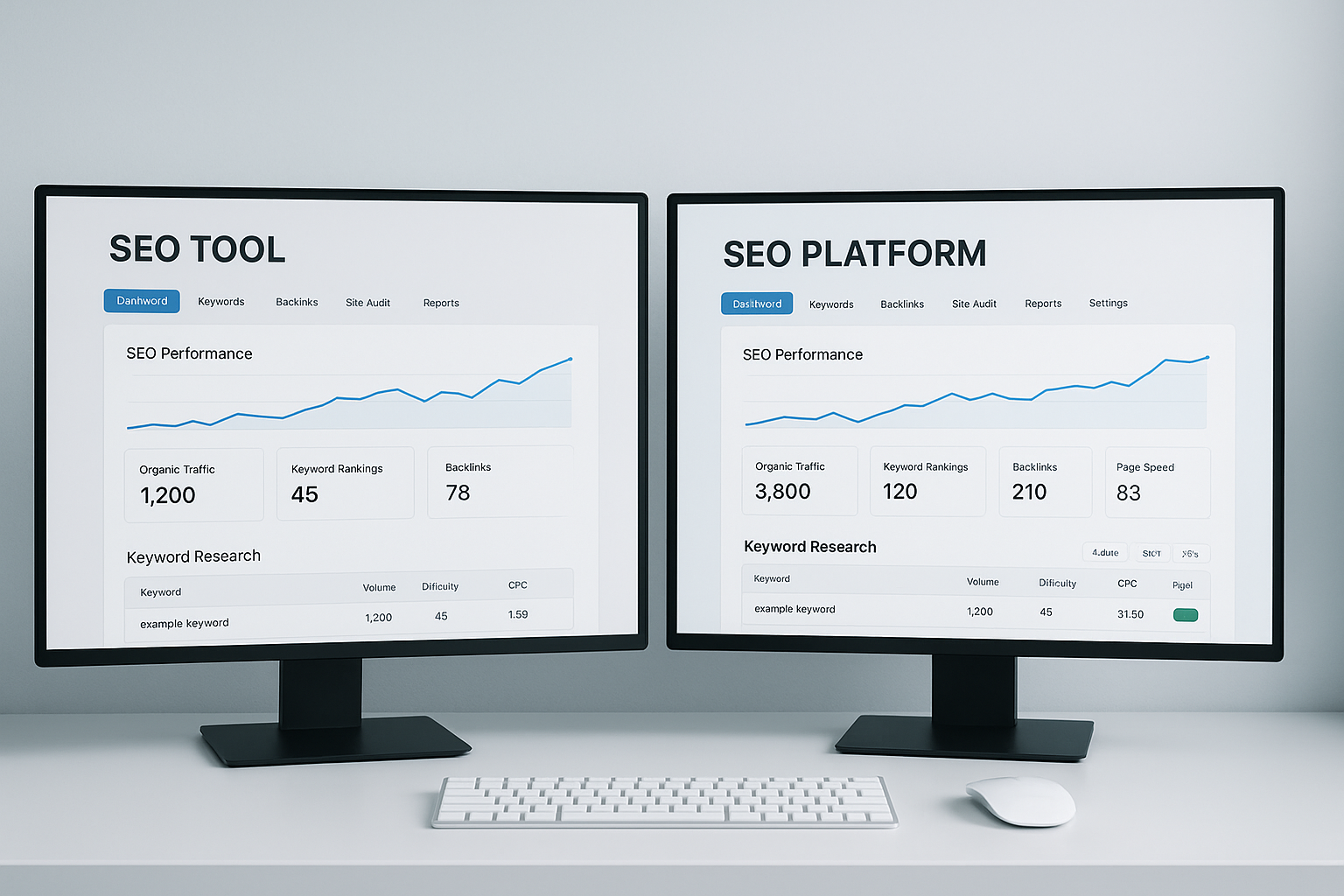 Comparison of free and paid SEO software options on two computer screens