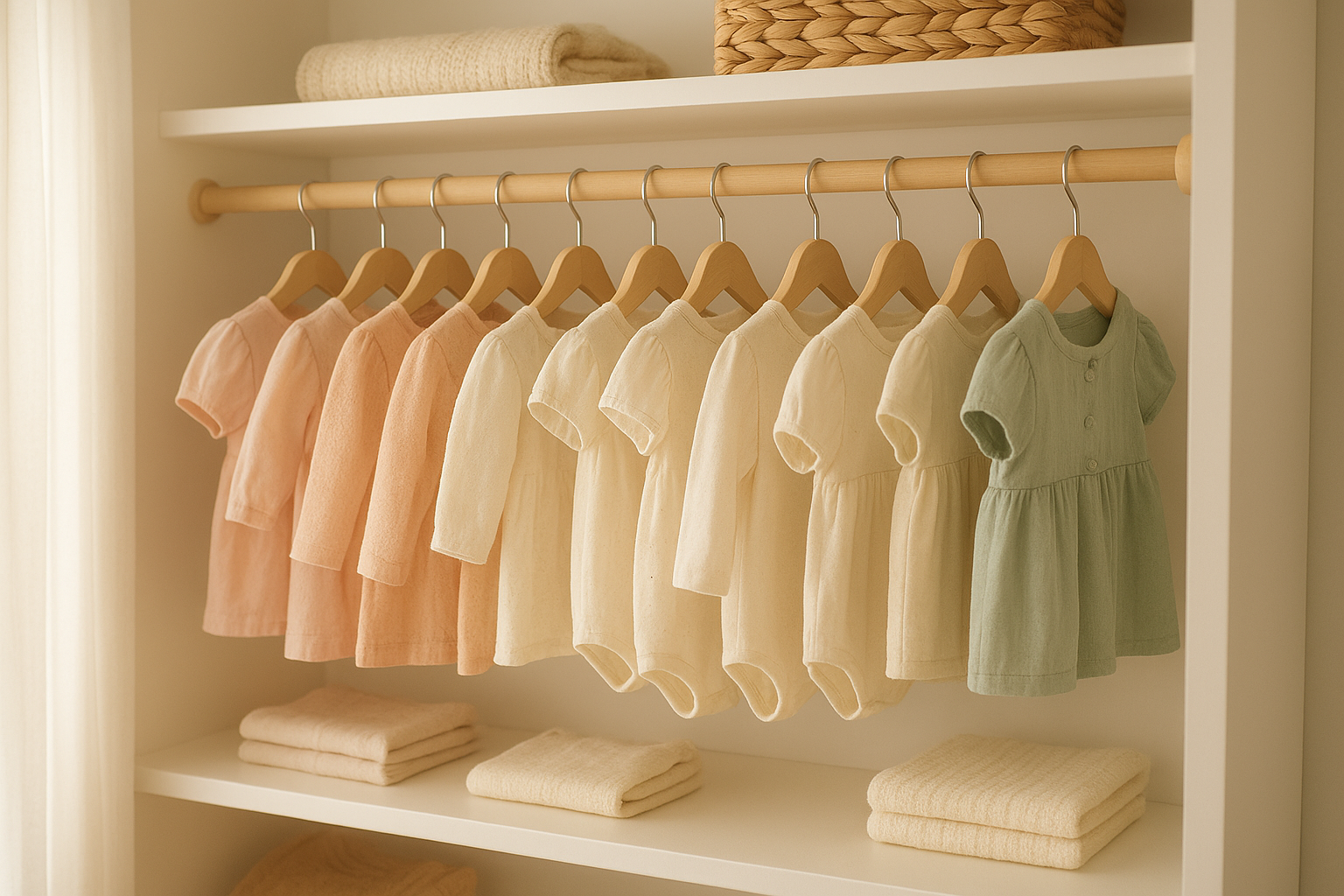 Neatly organized closet showing affordable designer kids clothes on small hangers