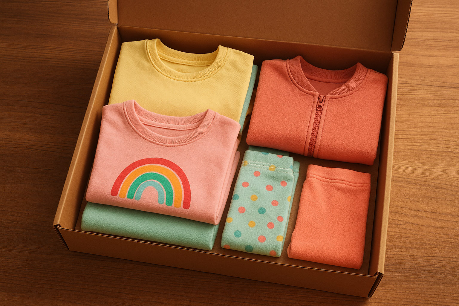 Overhead view of a kids clothing rental subscription box packed with colorful folded children's outfits