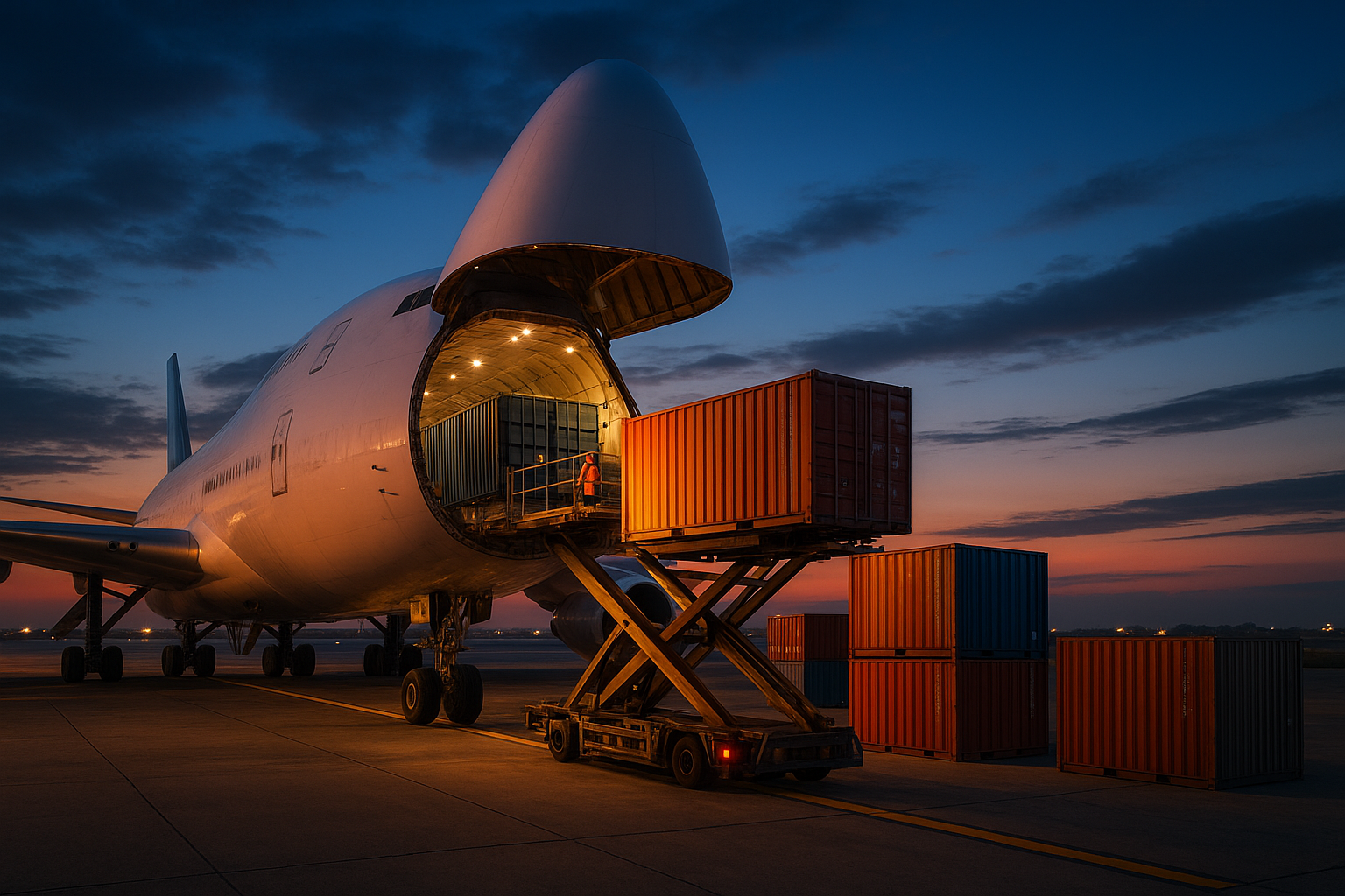 Cargo plane loading containers for FedEx international shipping at an airport tarmac