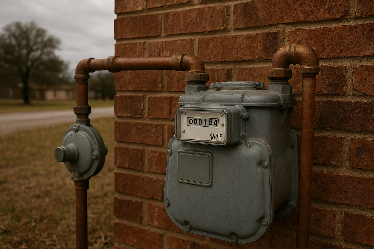 Dbba7a17_kaufman-county-gas-meter-piping Exterior gas meter and piping typical of homes needing gas line repair in Kaufman County Texas