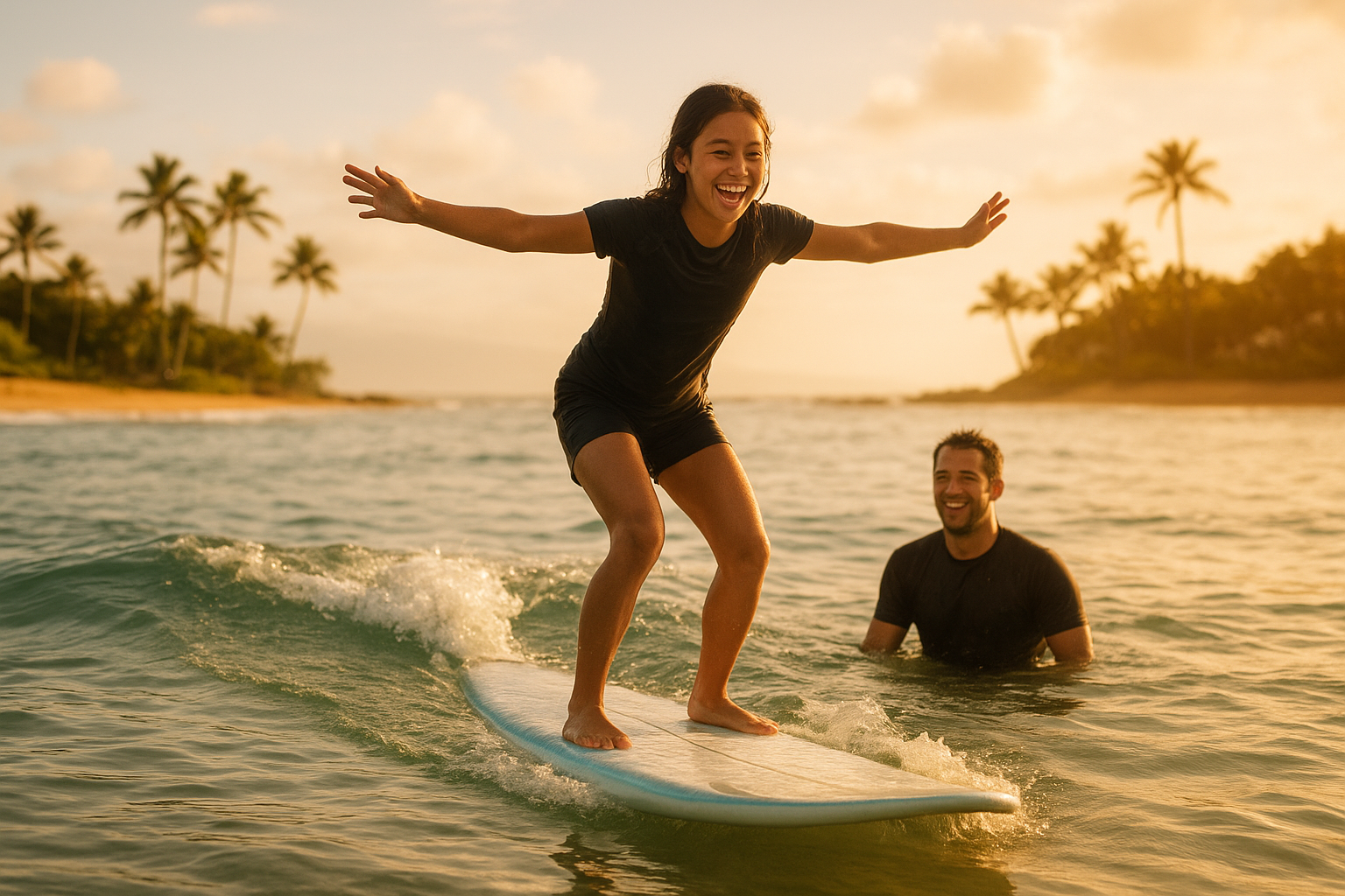 Beginner surfer standing on a wave for the first time during a Hawaii surf lesson