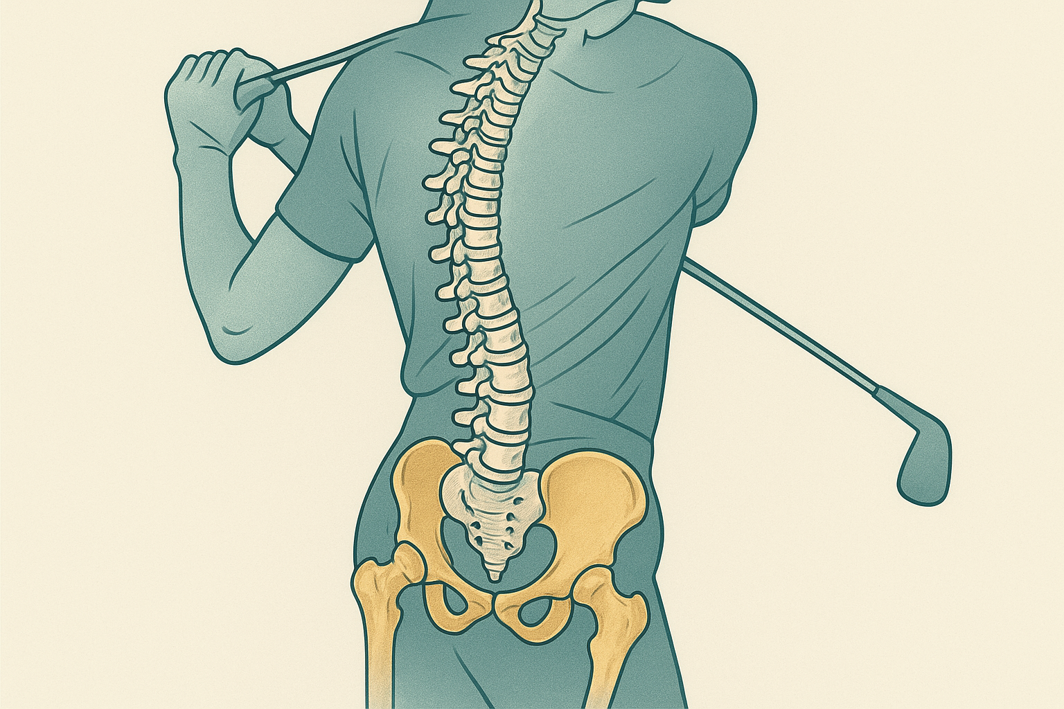 Illustration showing spine and hip rotation forces during a golf swing