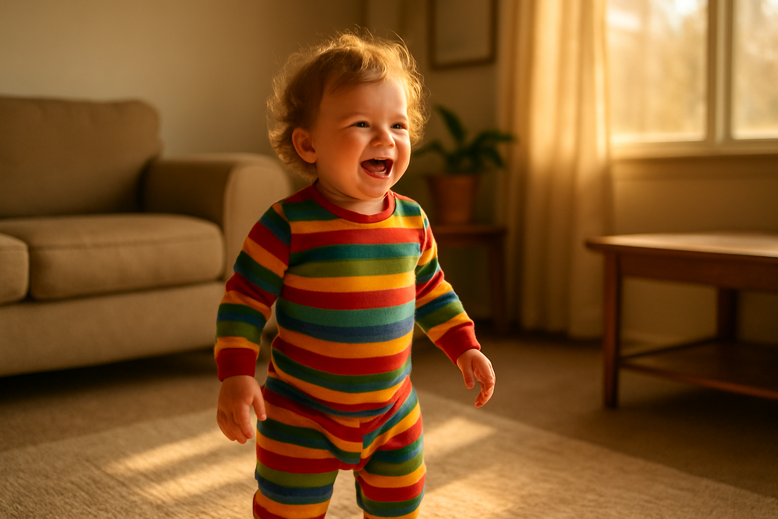 Toddler wearing a bright striped outfit from a modern kids clothing rental subscription