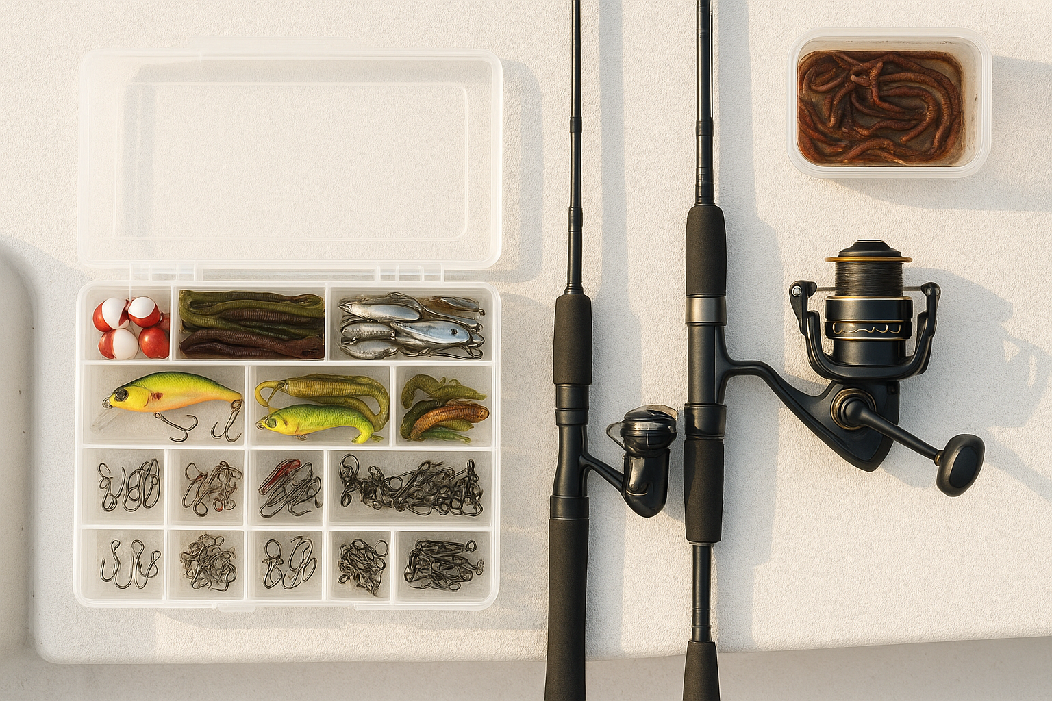 Rods, reels, and bait provided on a beginner fishing charter boat deck