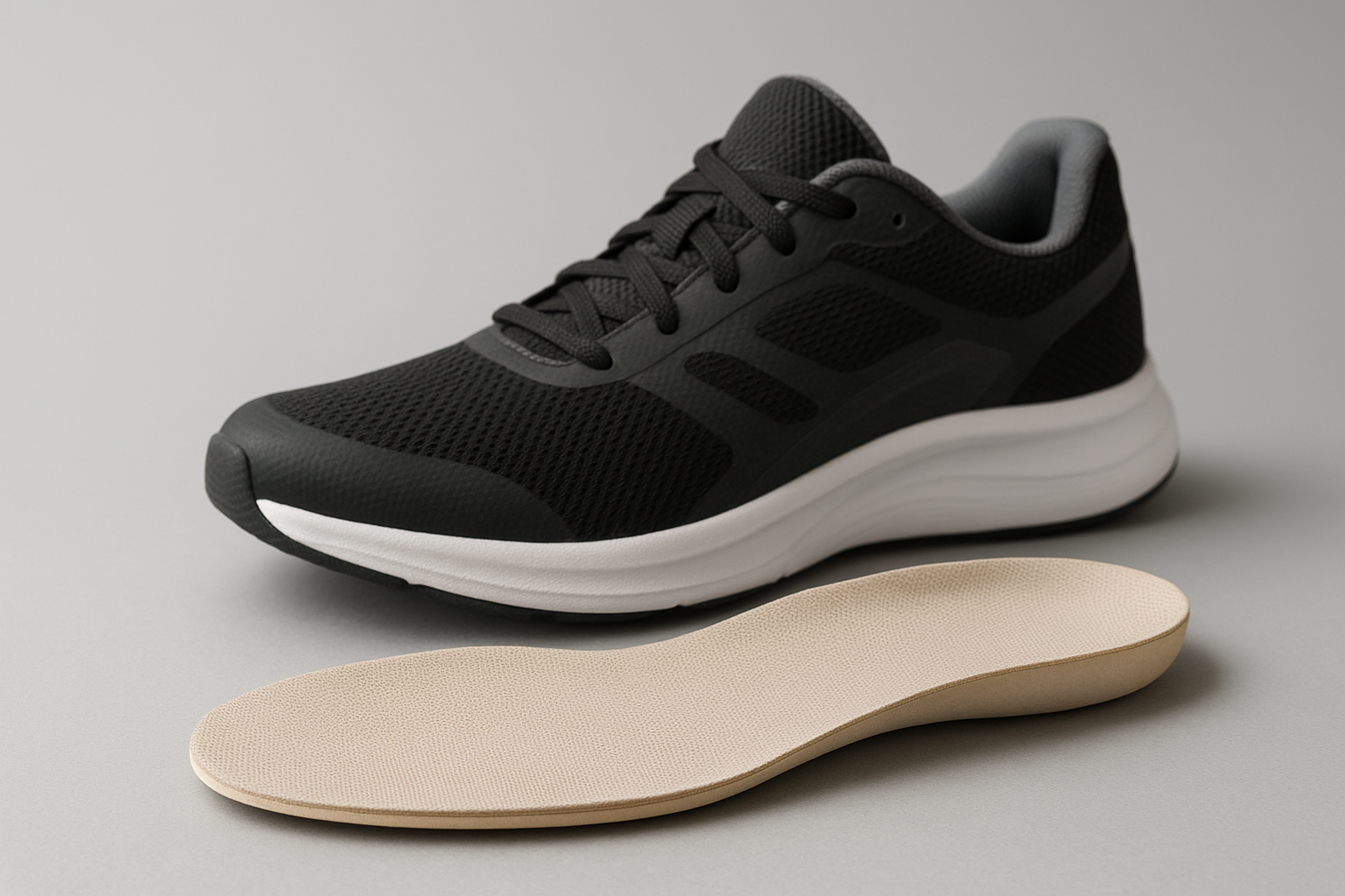 Custom orthotics for heel spurs shown beside an athletic shoe before fitting