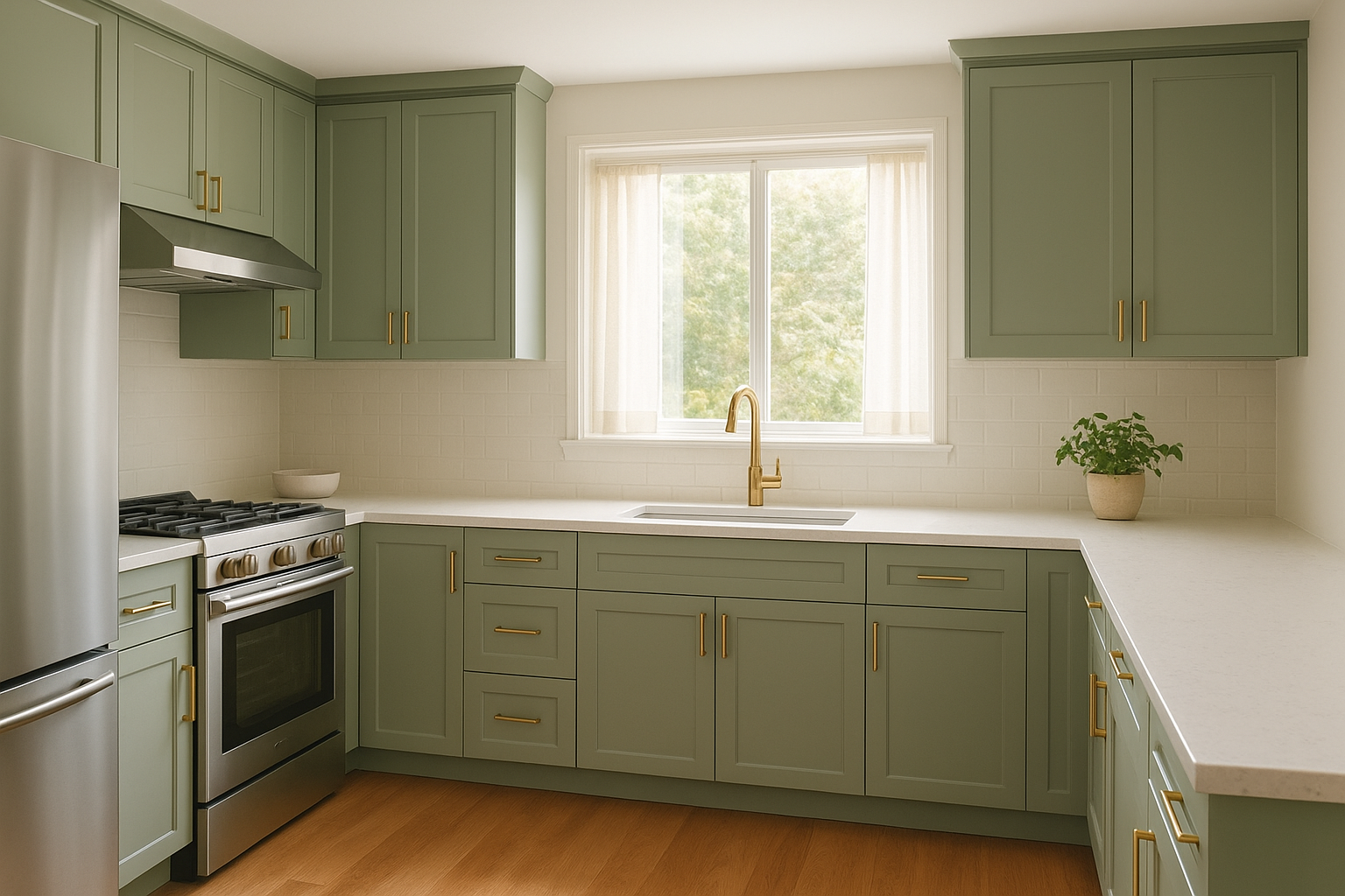 Finished modern kitchen featuring resurfaced cabinets with sage green doors and brass hardware