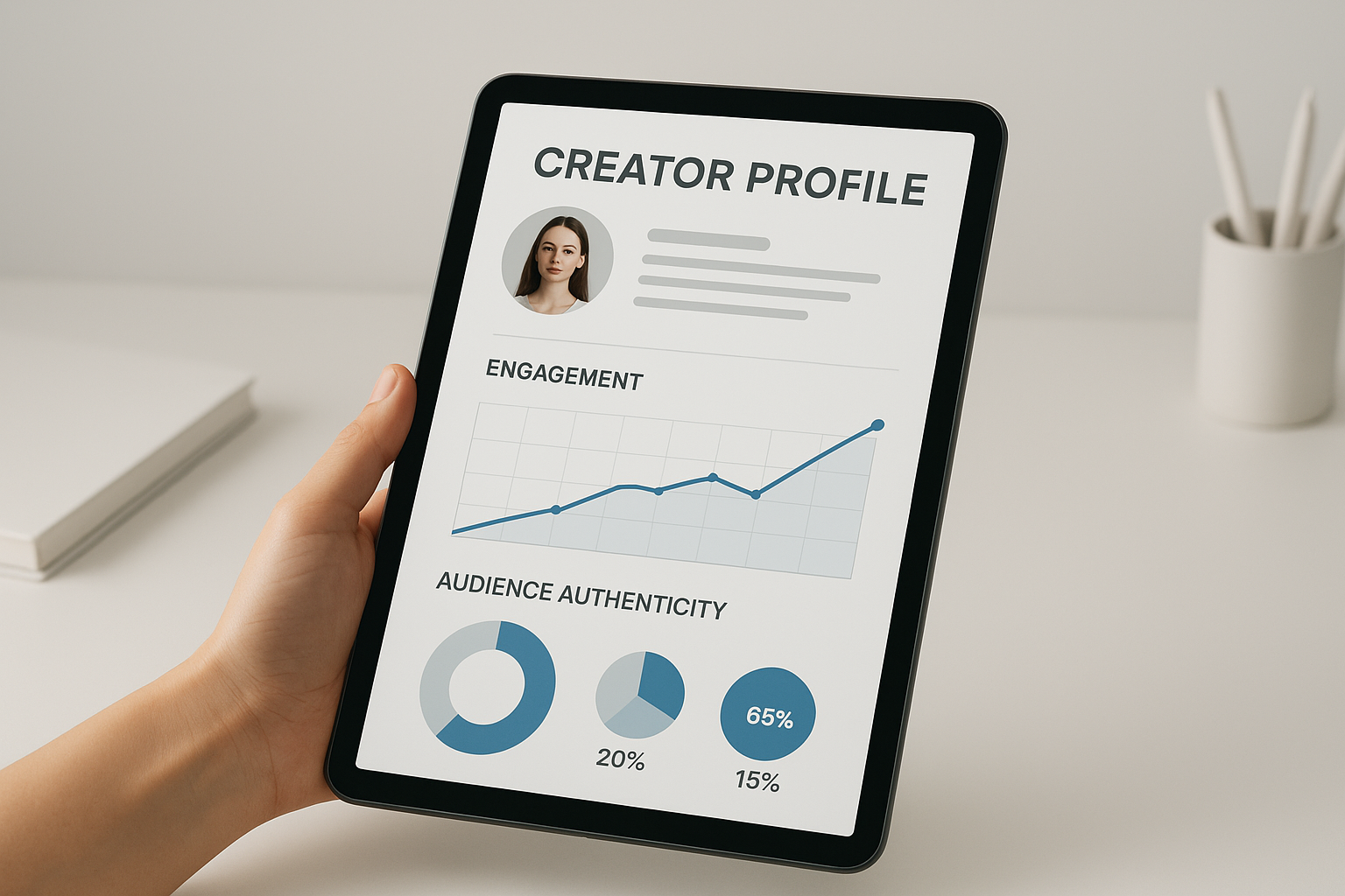 Tablet screen showing an audience authenticity report used to vet YouTube creators