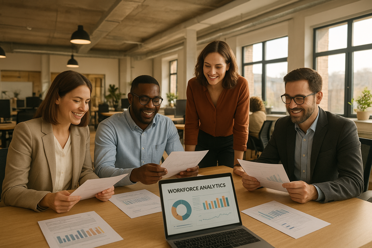 HR team reviewing employee outsourcing companies options on a laptop in a bright modern office