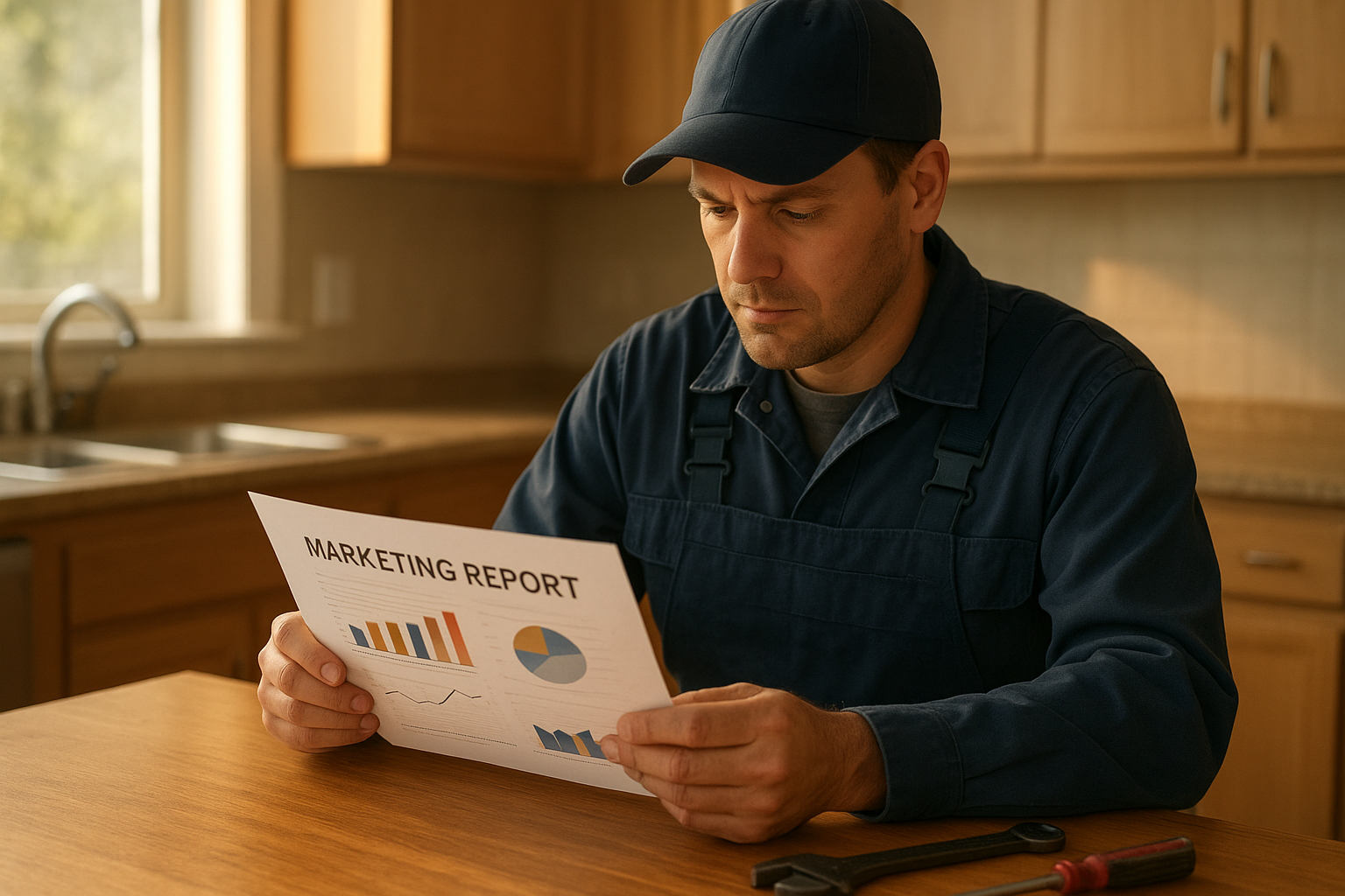 Plumbing business owner reviewing a monthly campaign report generated by a plumbing competitor analysis tool