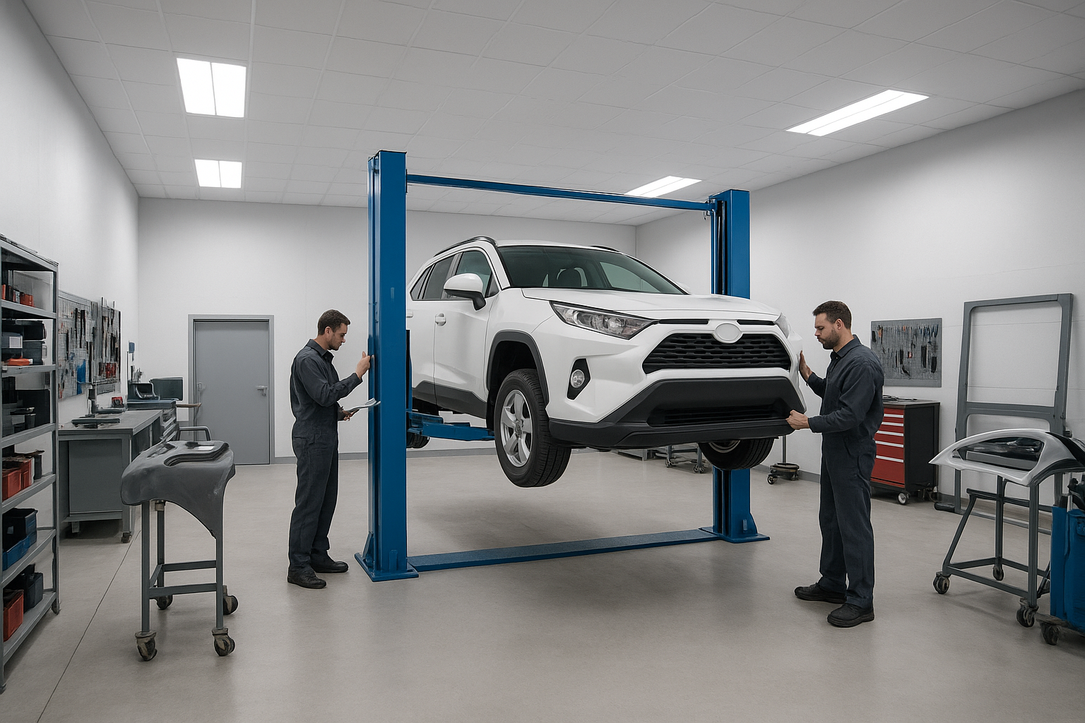 Modern auto body repair shop with vehicle on lift and technicians inspecting body damage