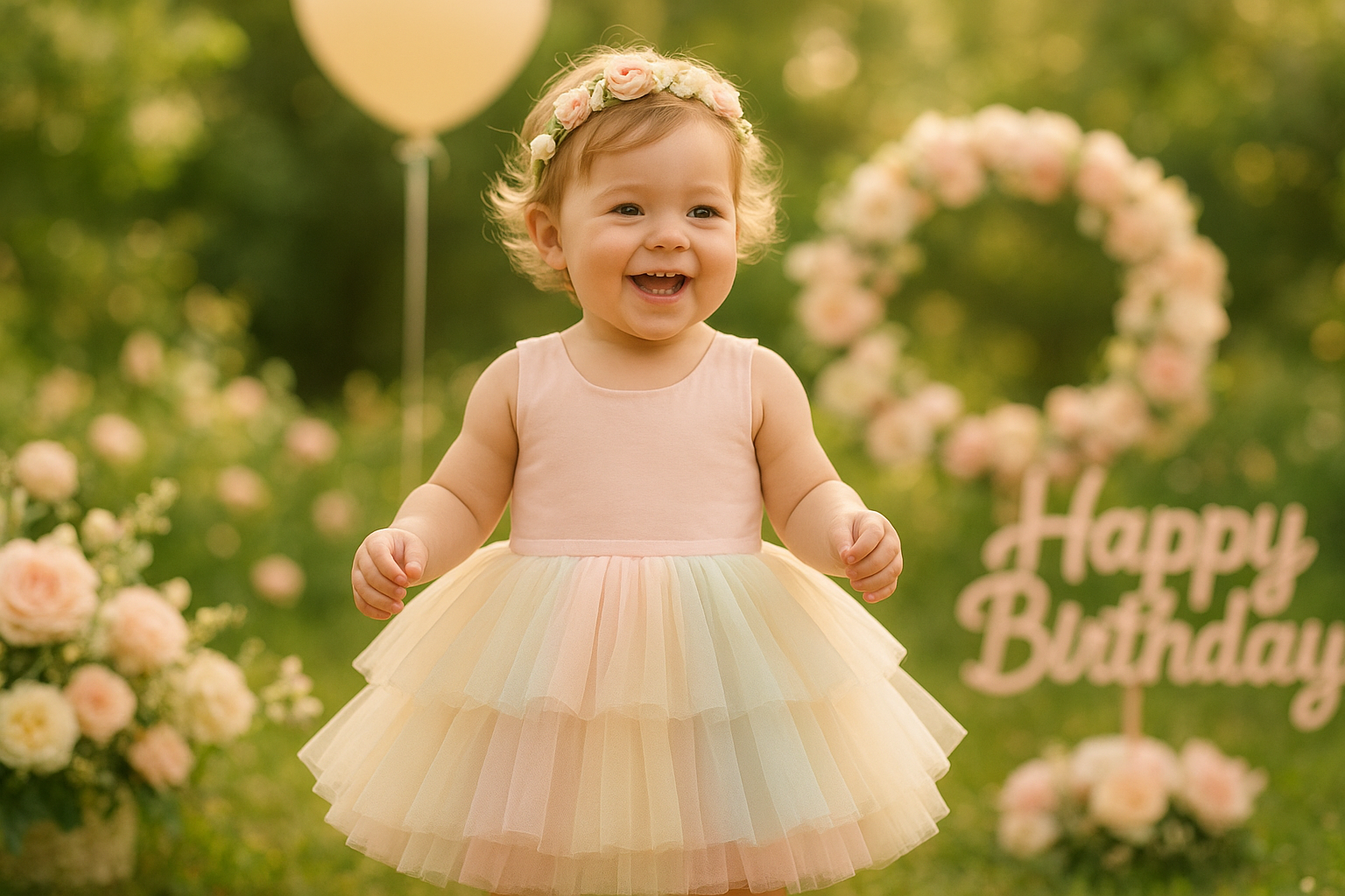 Toddler wearing a rented pastel tutu dress at a birthday party in a sunlit garden