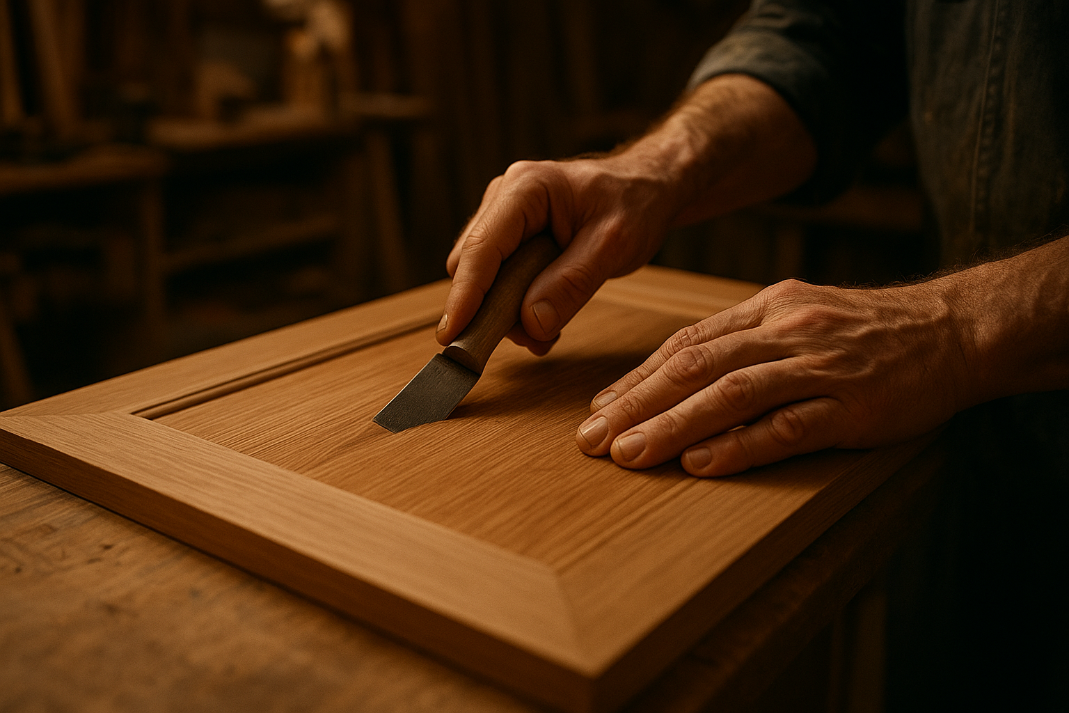 Craftsman applying wood veneer during a professional cabinet refacing project
