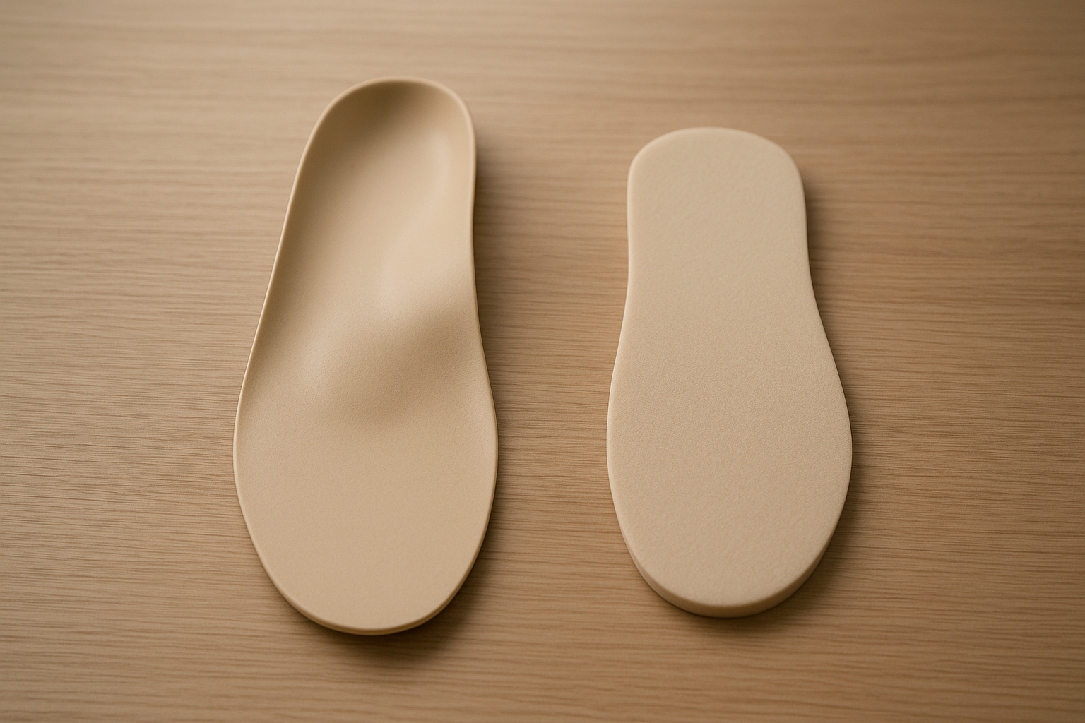 Custom orthotic shell compared side by side with a generic drugstore foam insole