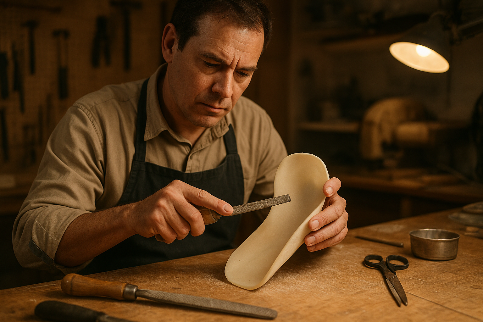 Lab technician shaping a custom orthotic insole shell during fabrication